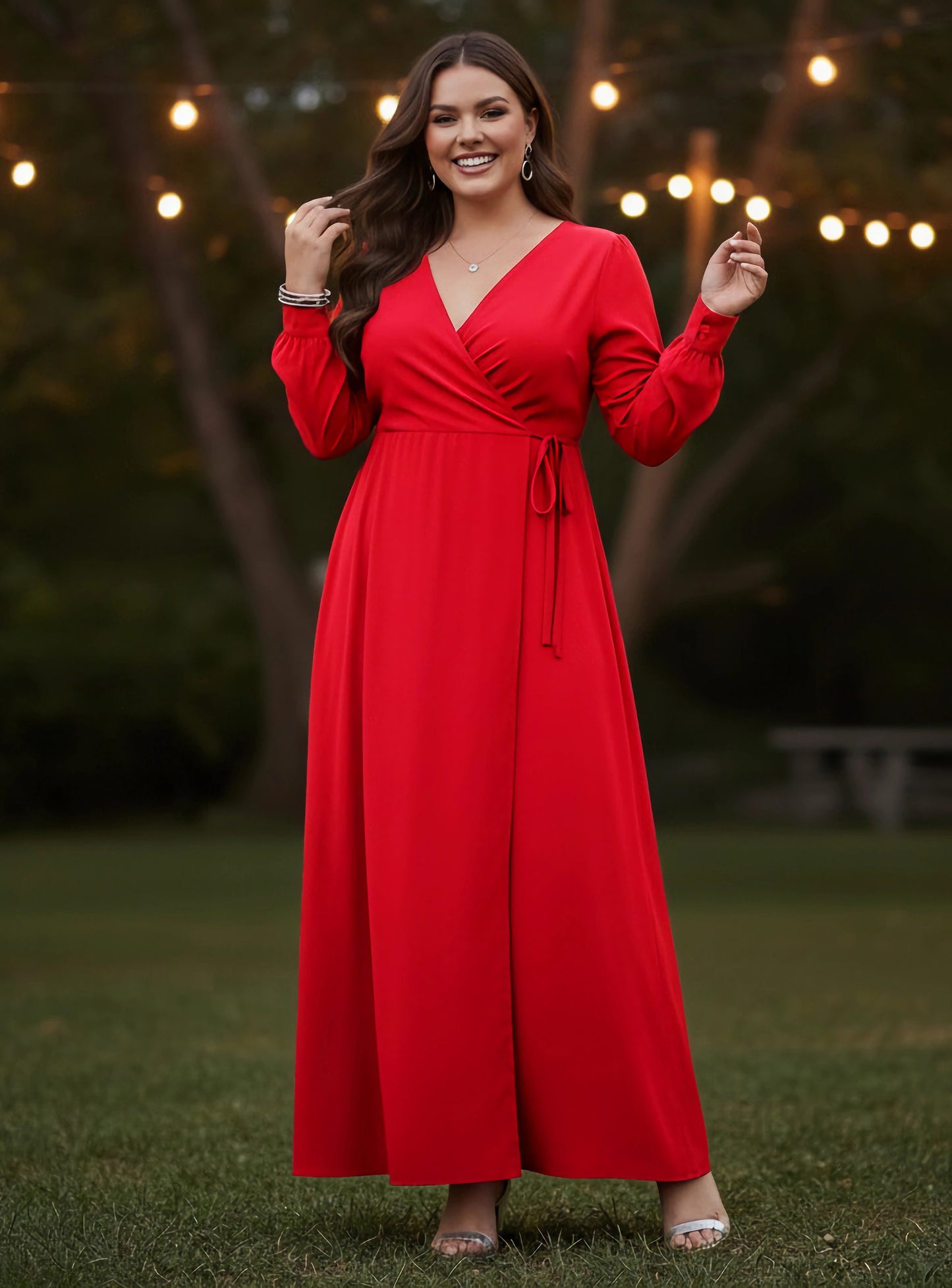 Berrylush Curve Women Solid Red V-Neck Cuff Sleeves Waist Tie-Up Pleated Maxi Dress