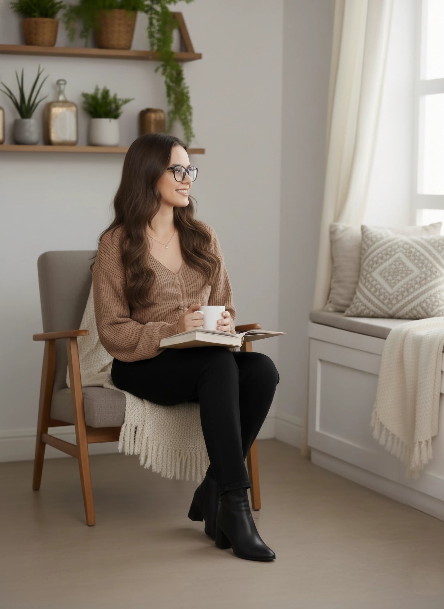 Berrylush Women Solid Peach V-Neck Front Tie-Up Acrylic Straight Hem Cropped Sweater