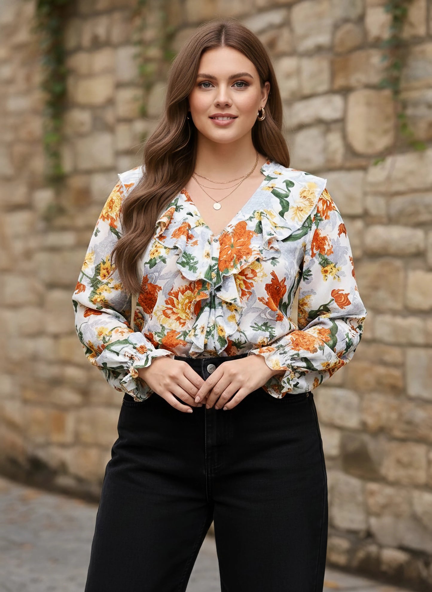 Berrylush Women Plus Size Blue & Green Floral Printed V-Neck Button-Up Georgette Ruffled Regular Top