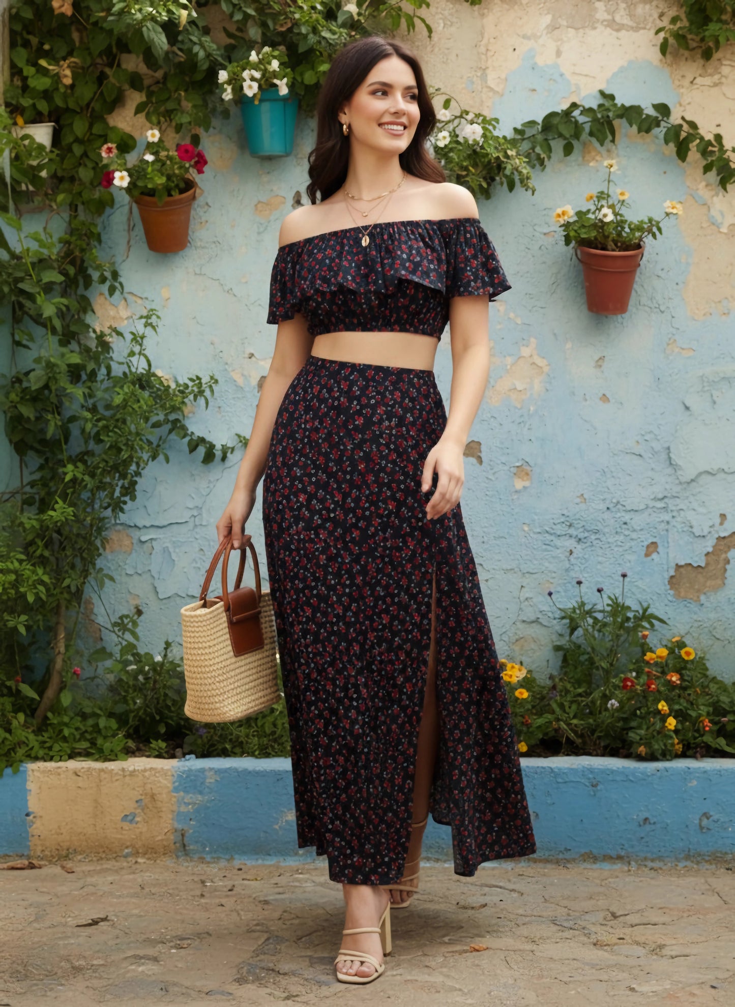 Berrylush Women Navy Blue Floral Off-Shoulder Co-Ordinate Maxi Dress