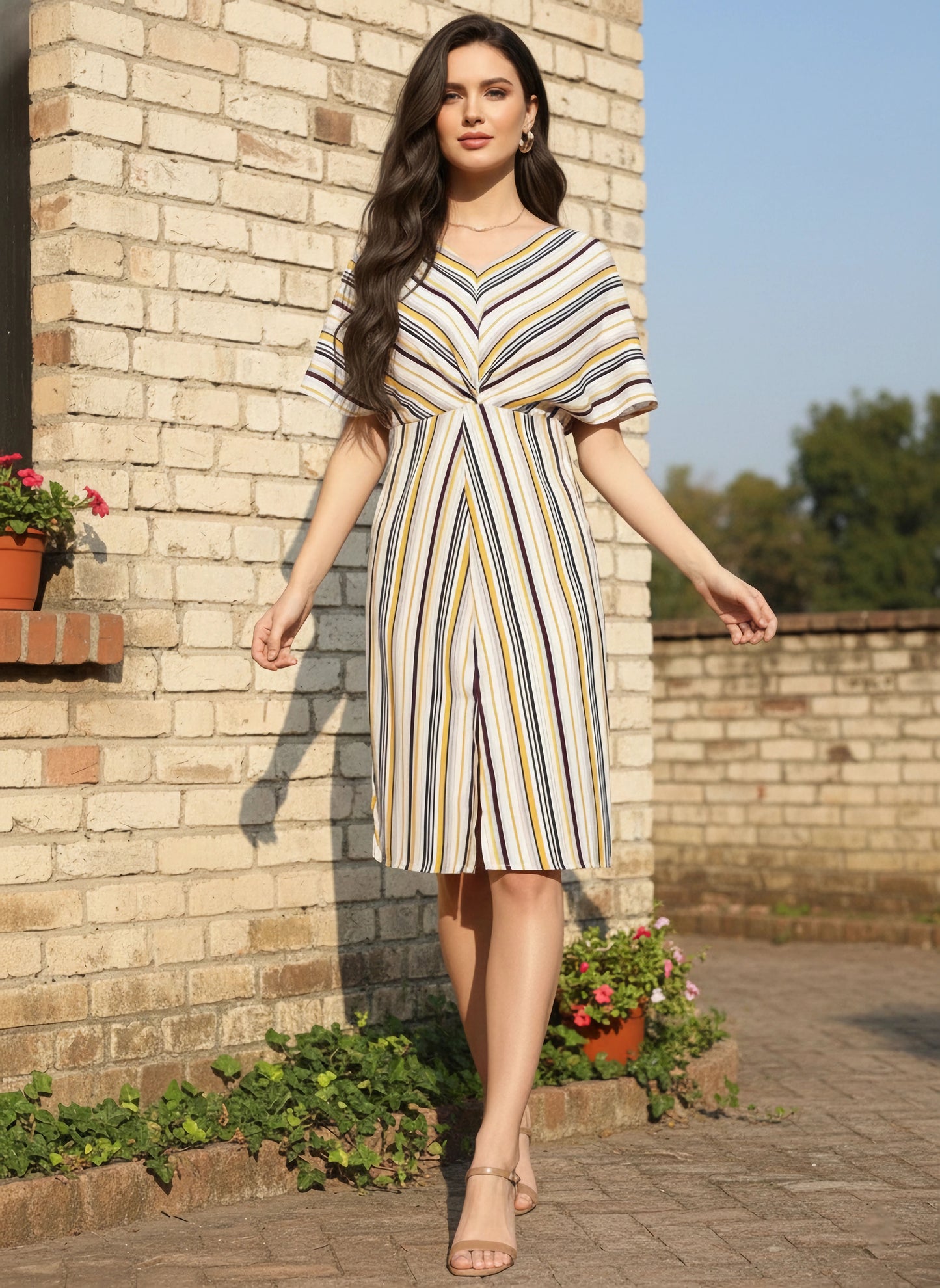 Berrylush Women Yellow & Off-White Stripe Printed V-Neck Front Slit Pleated A-Line Mini Dress