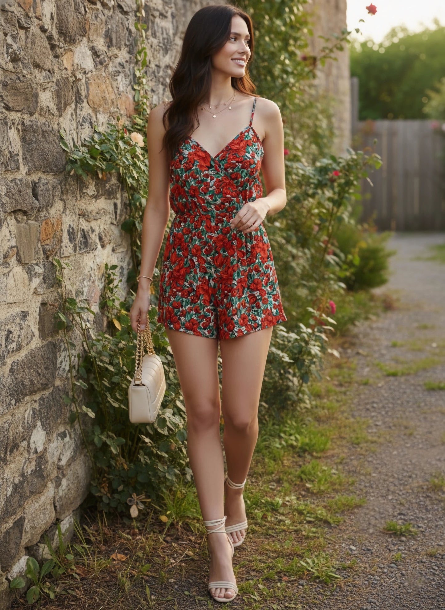 Berrylush Women Red & Green Floral Printed V-Neck Sleeveless Wrap Mini Playsuit