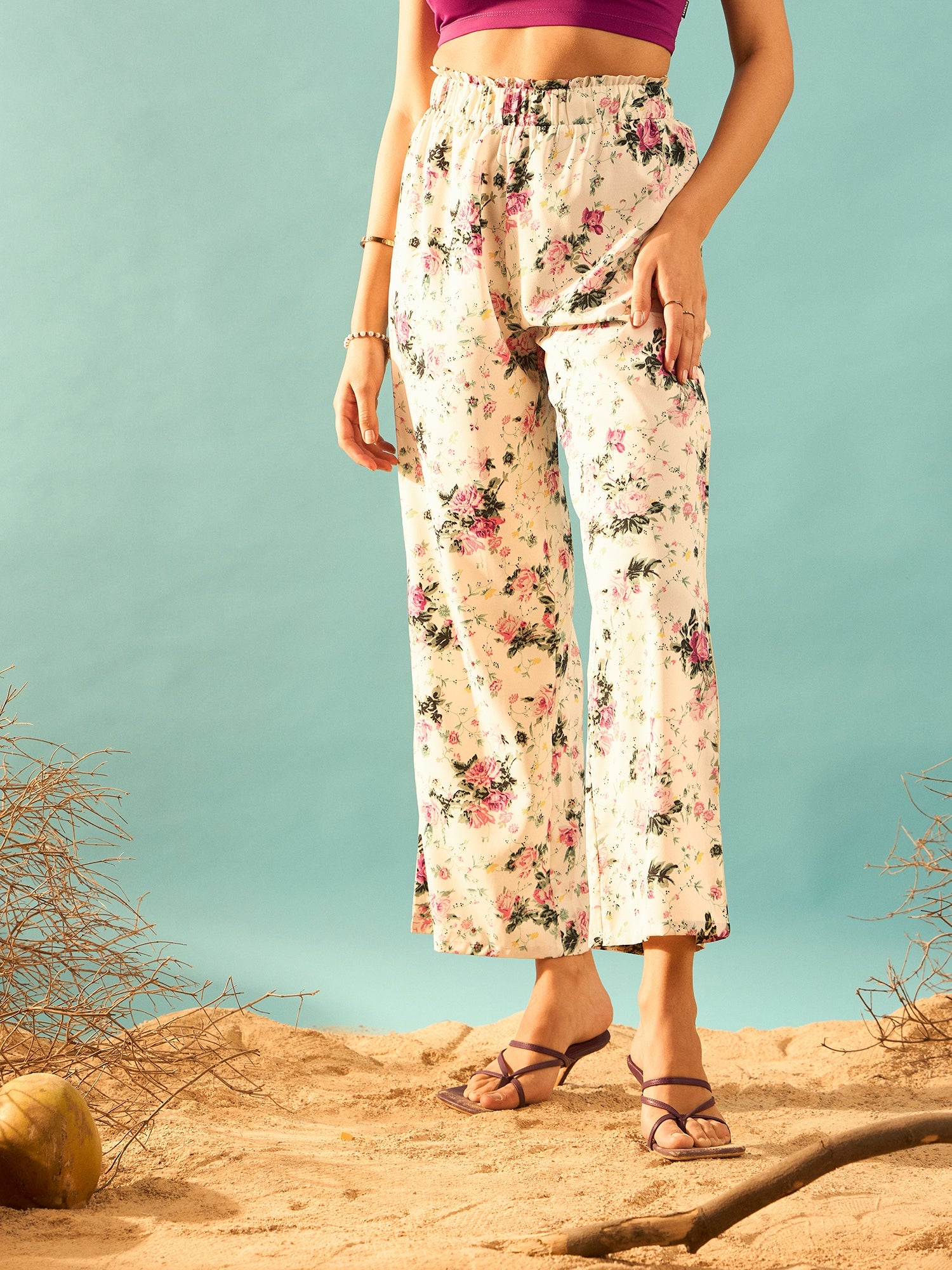 Berrylush Women Floral Print High-Rise Waist Parallel Regular Trouser