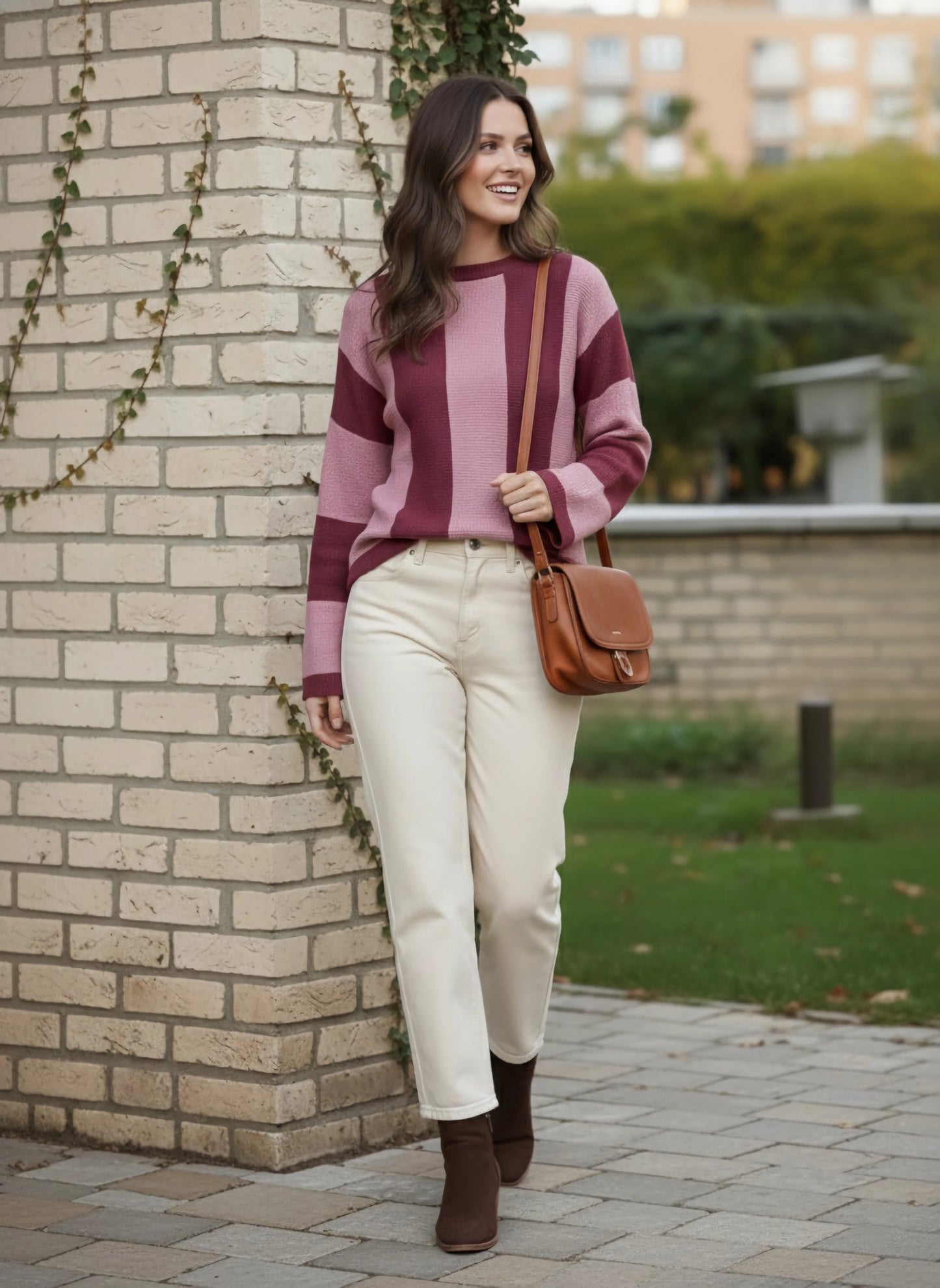 Berrylush Women Pink & Red Frenchy Two-Tone Printed Round Neck Drop-Shoulder Sleeves Ribbed Hem Regular Sweater