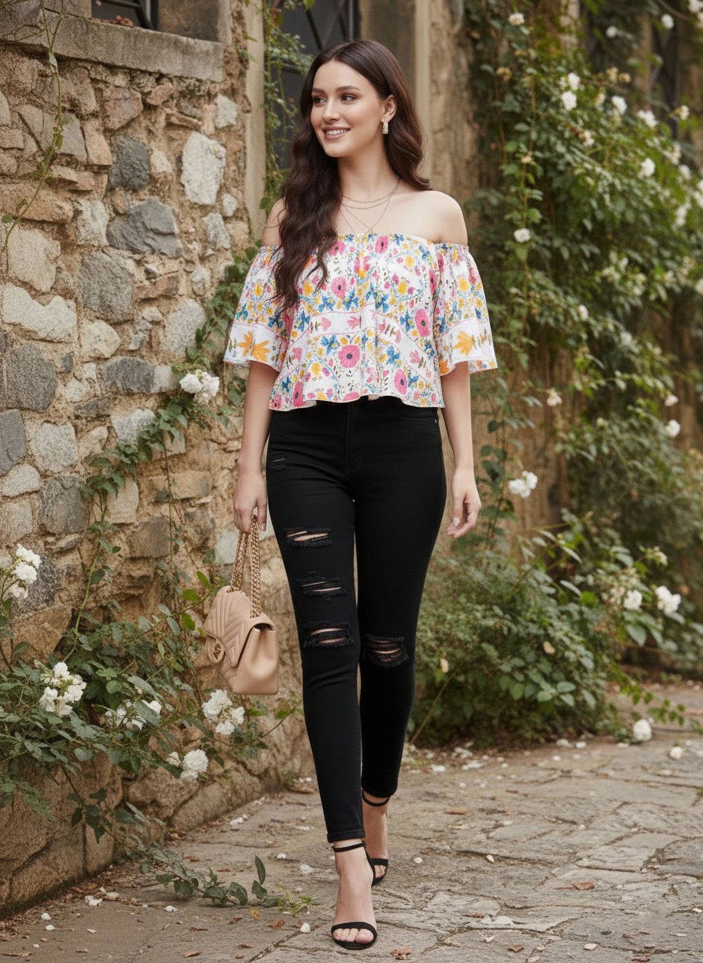 Berrylush Women White Floral Print Off-The-Shoulder Crop Top