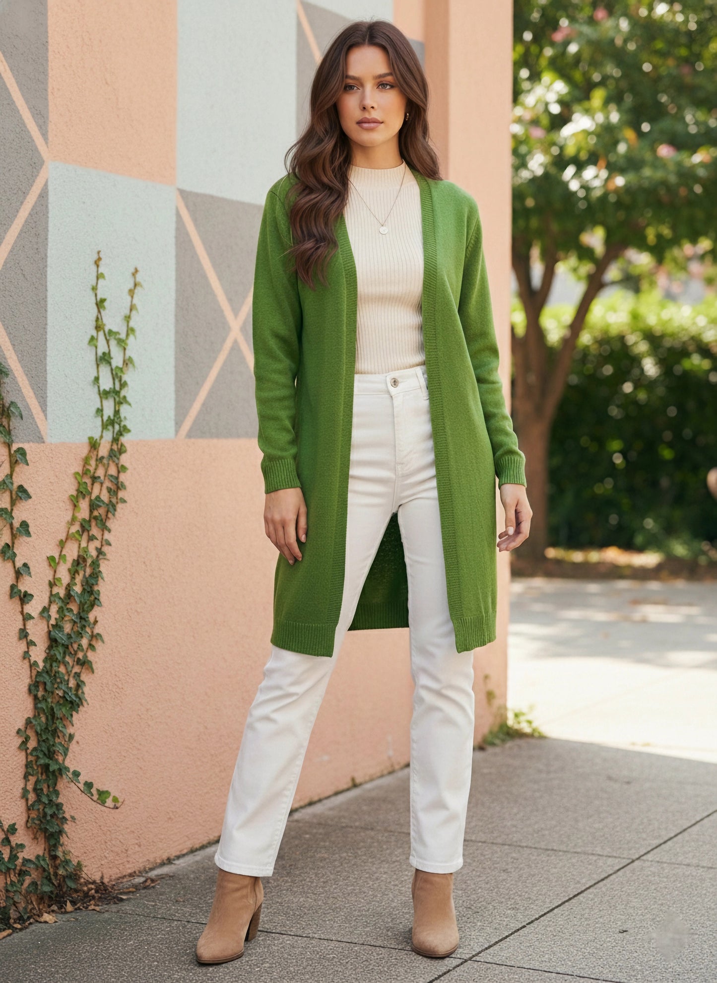 Berrylush Women Solid Green Open-Front Neck Drop-Shoulder Sleeves Ribbed Hem Longline Cardigan