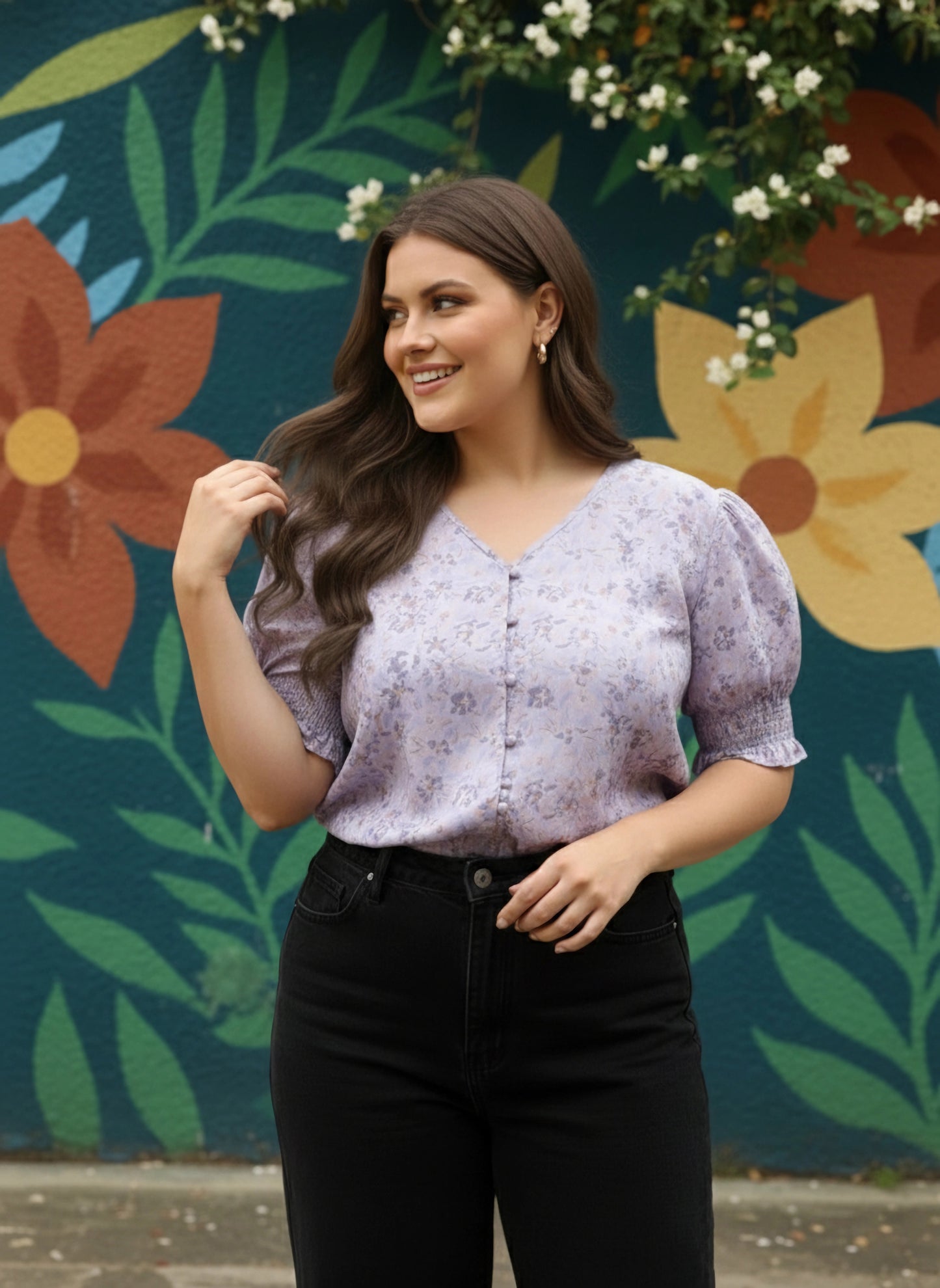 Plus Size Purple Floral Printed V-Neck Puff Sleeves Button-Up Crepe Smocked Regular Top
