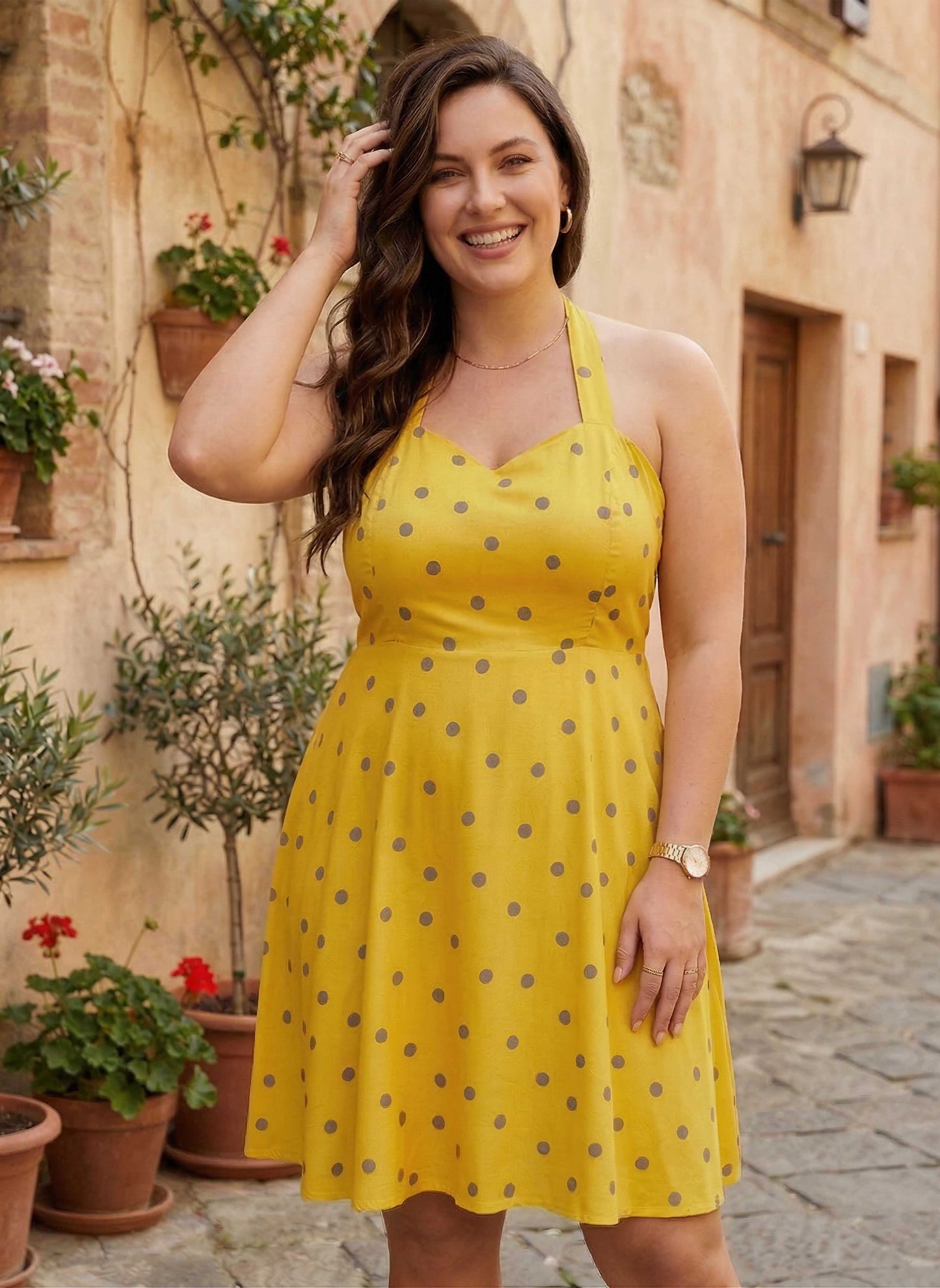 Women Plus Size Yellow & Brown Polka Dot Printed Halter Neck Sleeveless Fit  & Flare Mini Dress