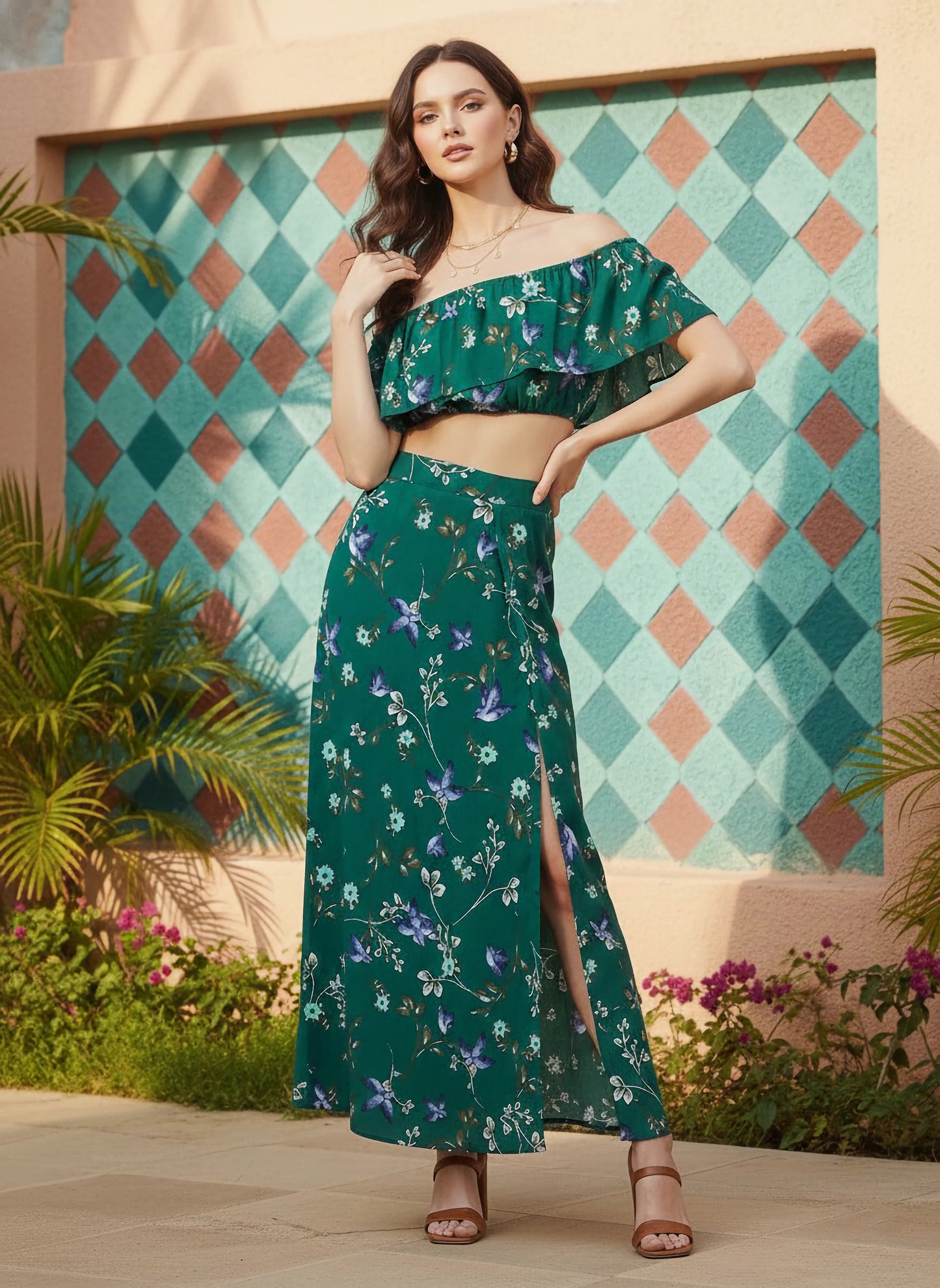 Berrylush Women Green Floral Print Two-Piece Maxi Dress