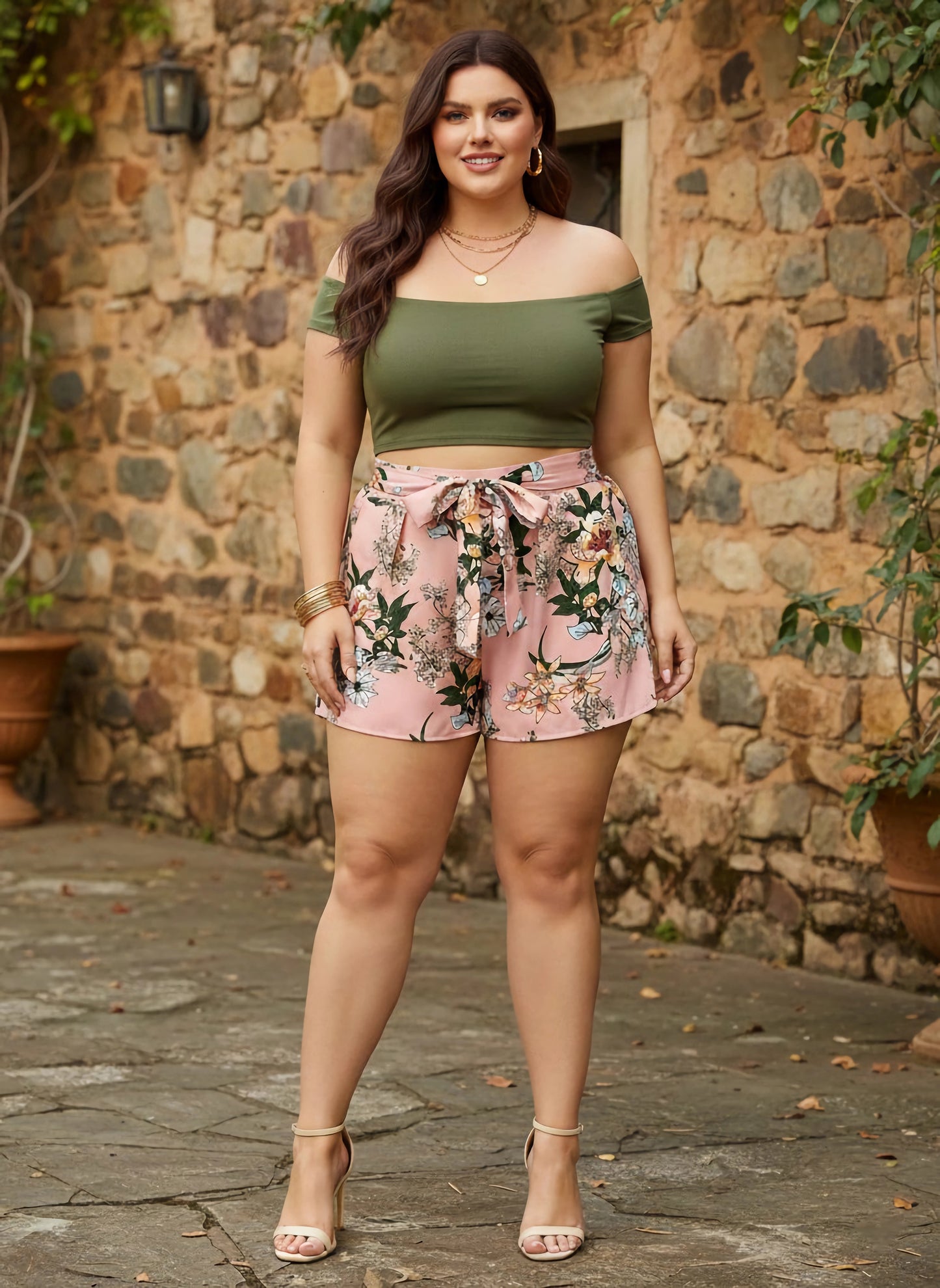 Berrylush Women Plus Size Pink & Green Floral Printed Tie-Up Elastic Waist Slip-On Mini Shorts