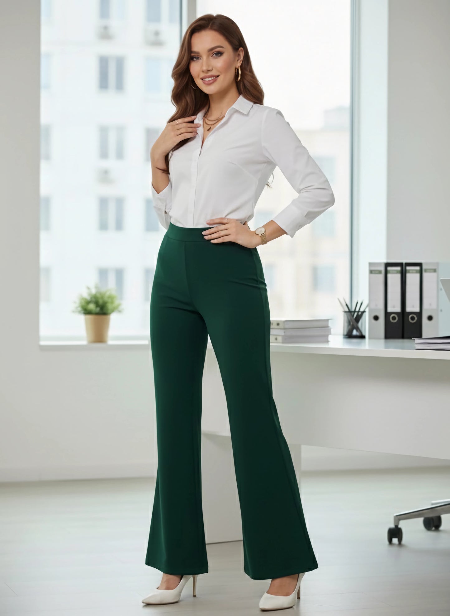 Berrylush BIZwear Women Solid Green High-Rise Waist Flat-Front Pleat Slip-On Wide-Leg Knitted Regular Trousers