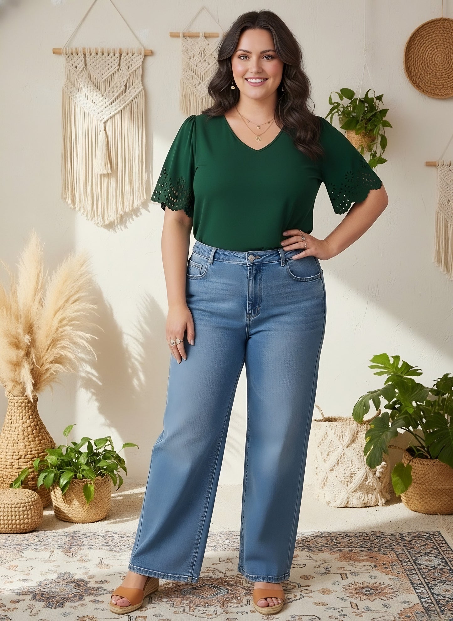 Berrylush Women Plus Size Solid Green V-Neck Cutout Sleeve Crepe Regular Top