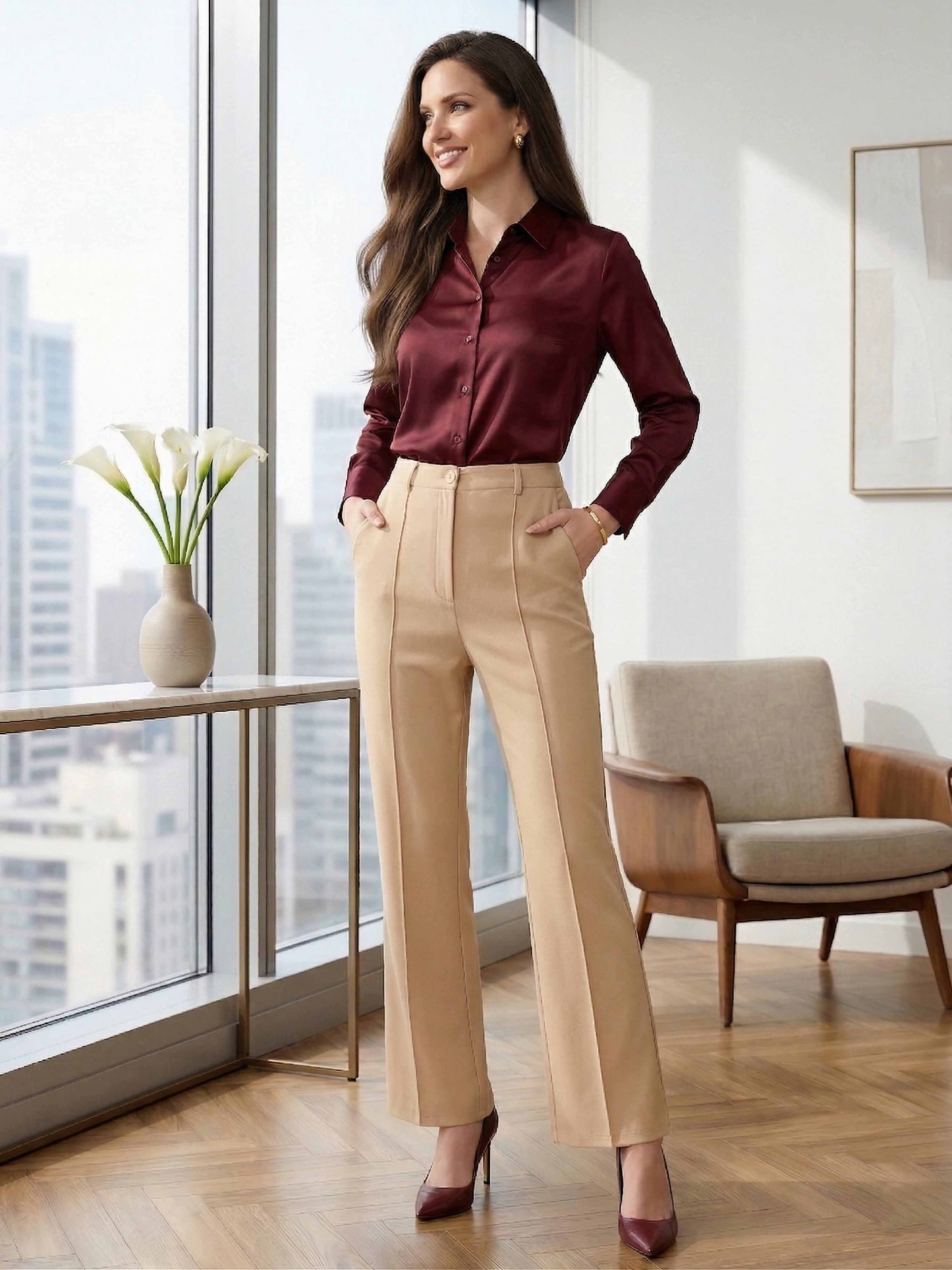 BIZwear Solid Beige High-Rise Waist Straight-Leg Front-Pleat Knitted Regular Trousers