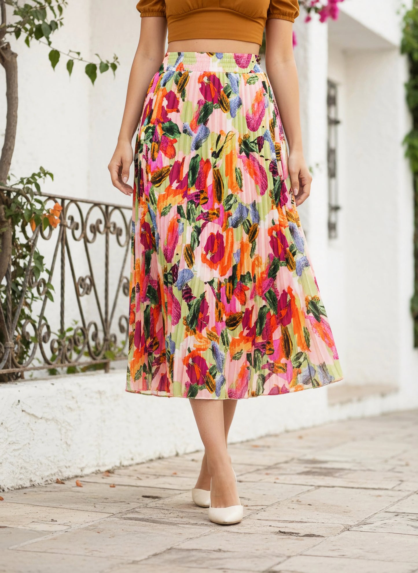 Berrylush Women Pink & Multicolour Abstract Printed High-Rise Elastic Waist Slip-On Pleated Maxi Skirt