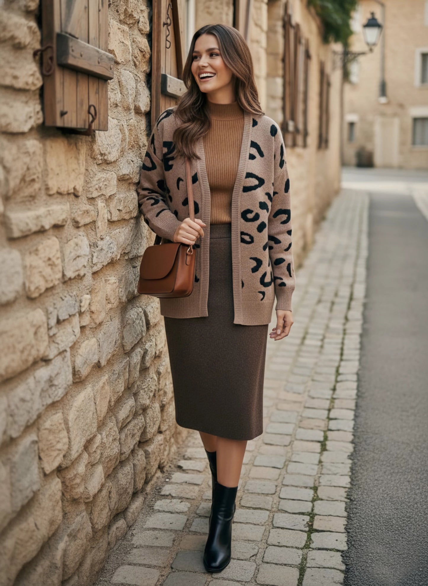 Berrylush Women Brown & Black Animal Printed Open-Front Neck Drop-Shoulder Sleeves Ribbed Hem Regular Cardigan