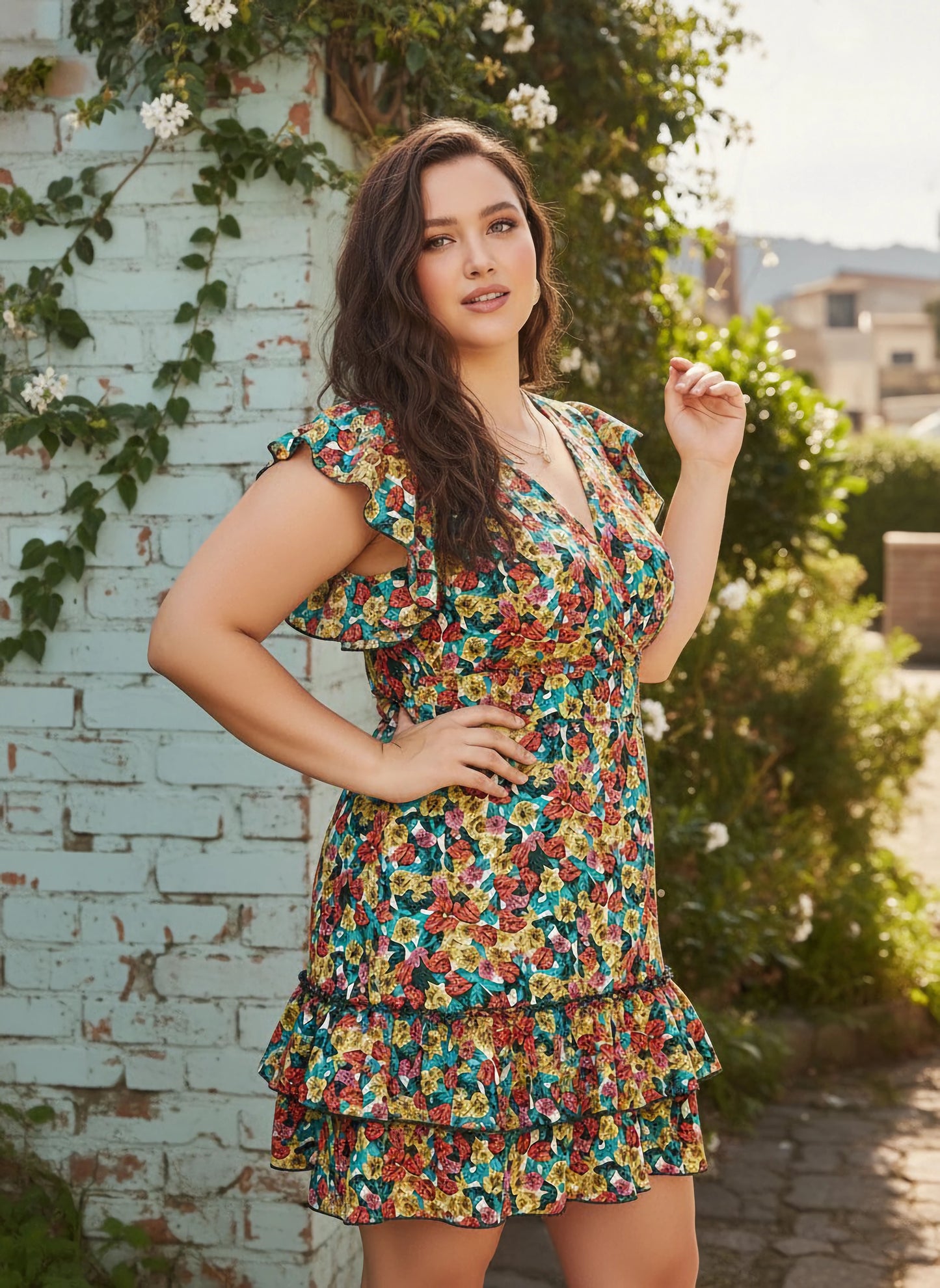 Plus Size Red, Yellow, & Green Floral Printed V-Neck Tie-Up Backless Ruffled A-Line Mini Dress
