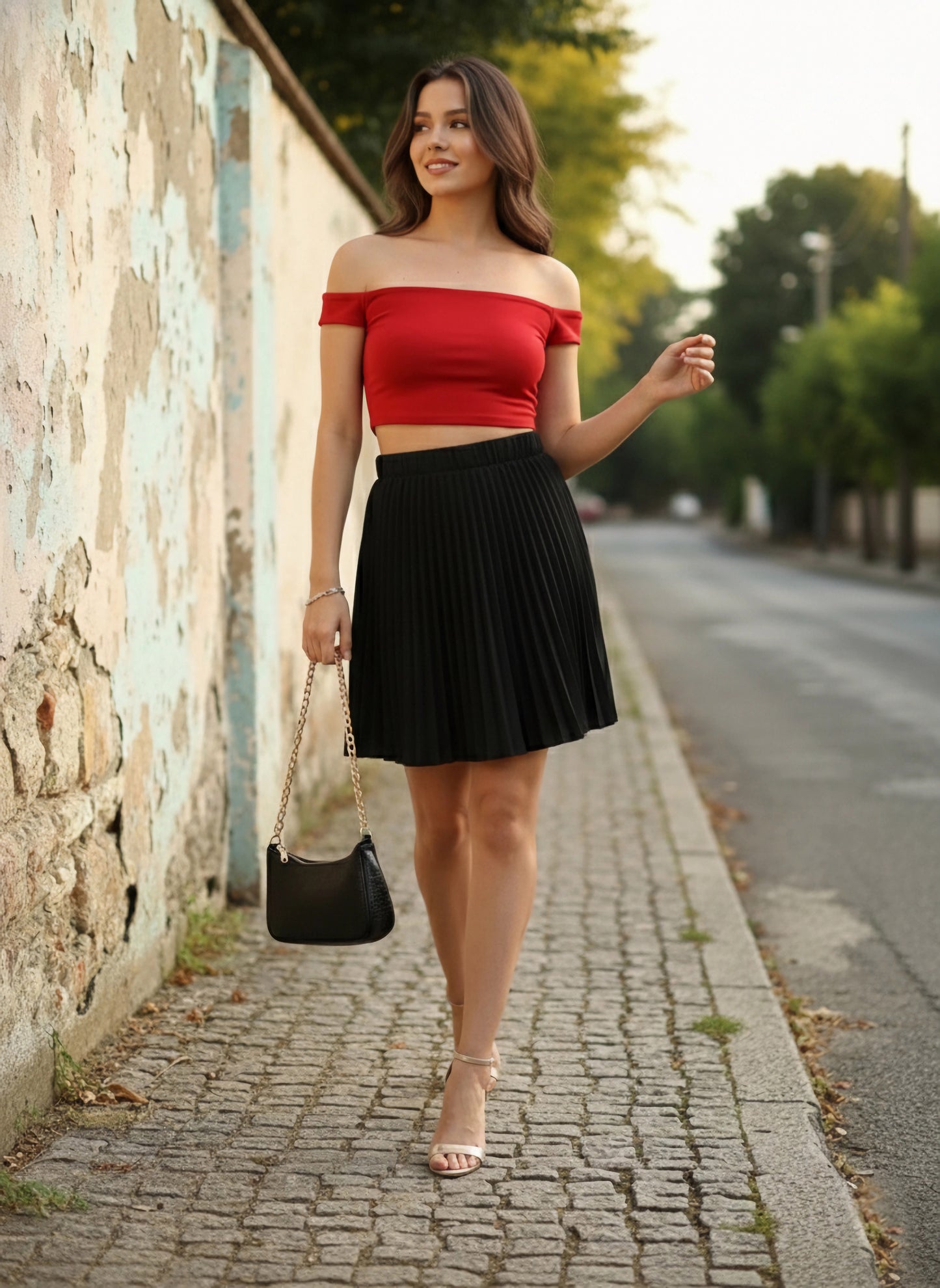 Berrylush Women Solid Black Elastic Waist Accordion Pleat Slip-On Flared Mini Skirt