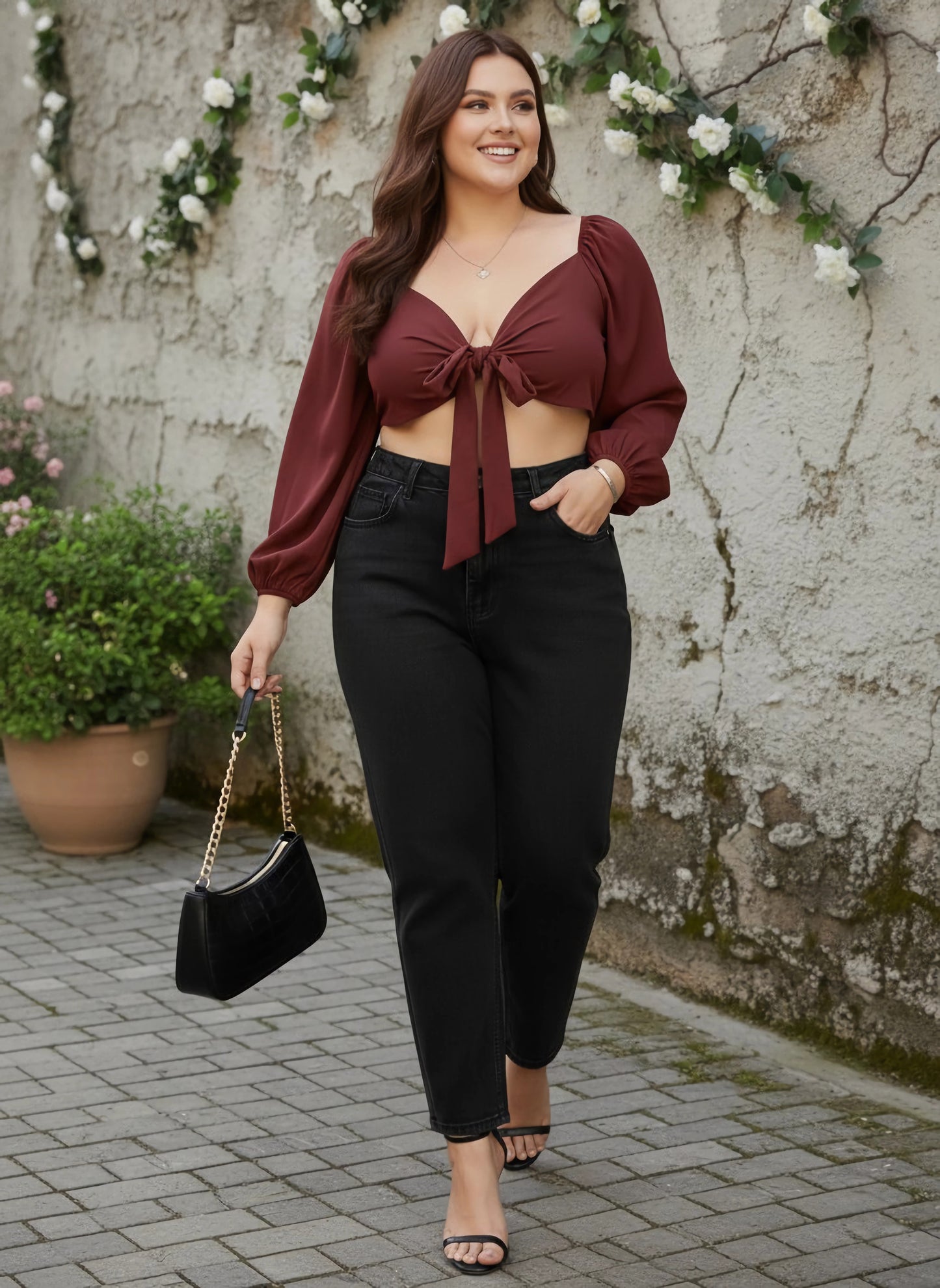 Berrylush Women Plus Size Solid Maroon Sweetheart Neck Front Tie-Up Cropped Top