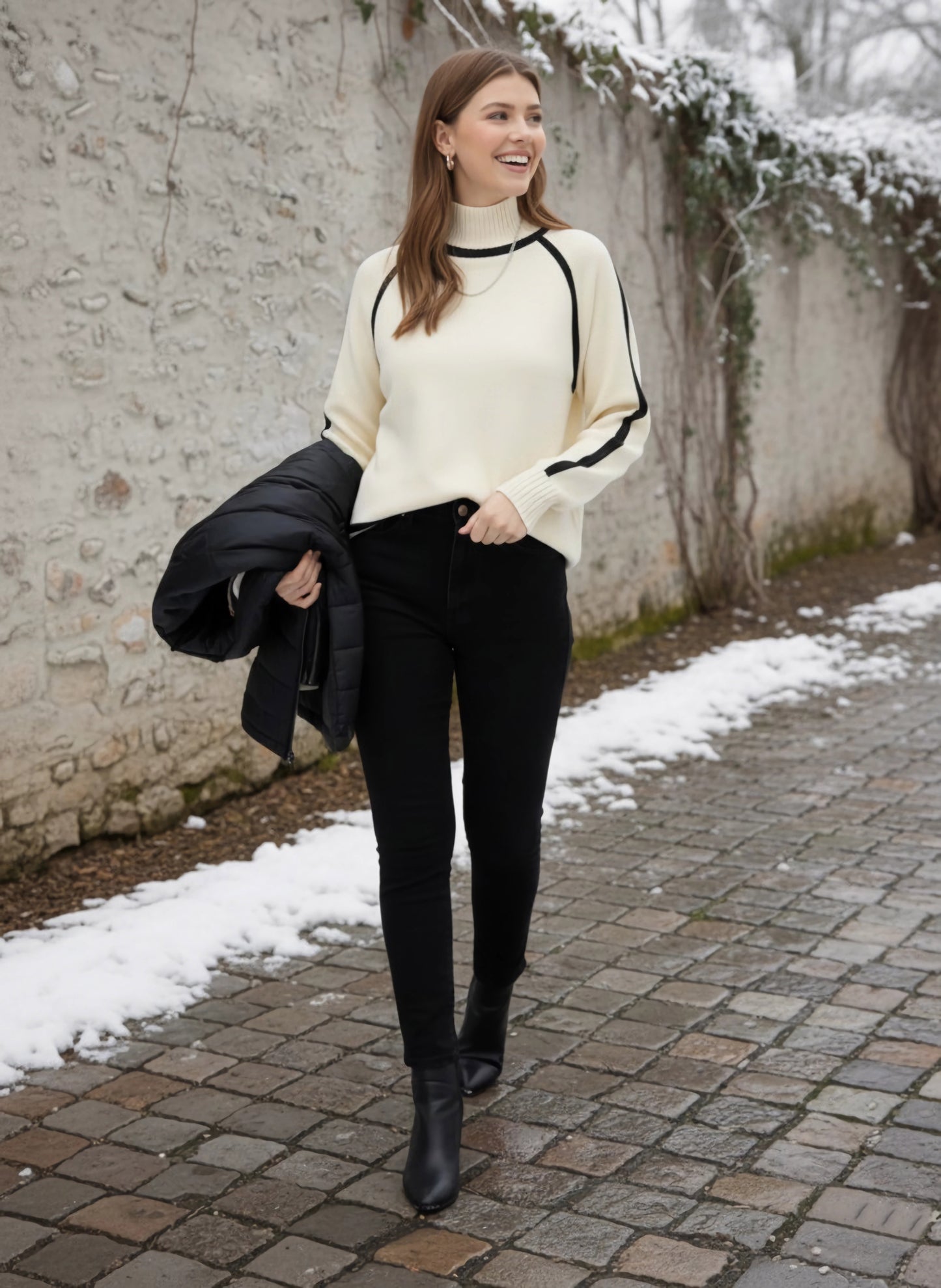 Berrylush Women Solid Off-White & Black Turtle-Neck Drop-Shoulder Sleeves Acrylic Ribbed Hem Knitted Regular Pullover