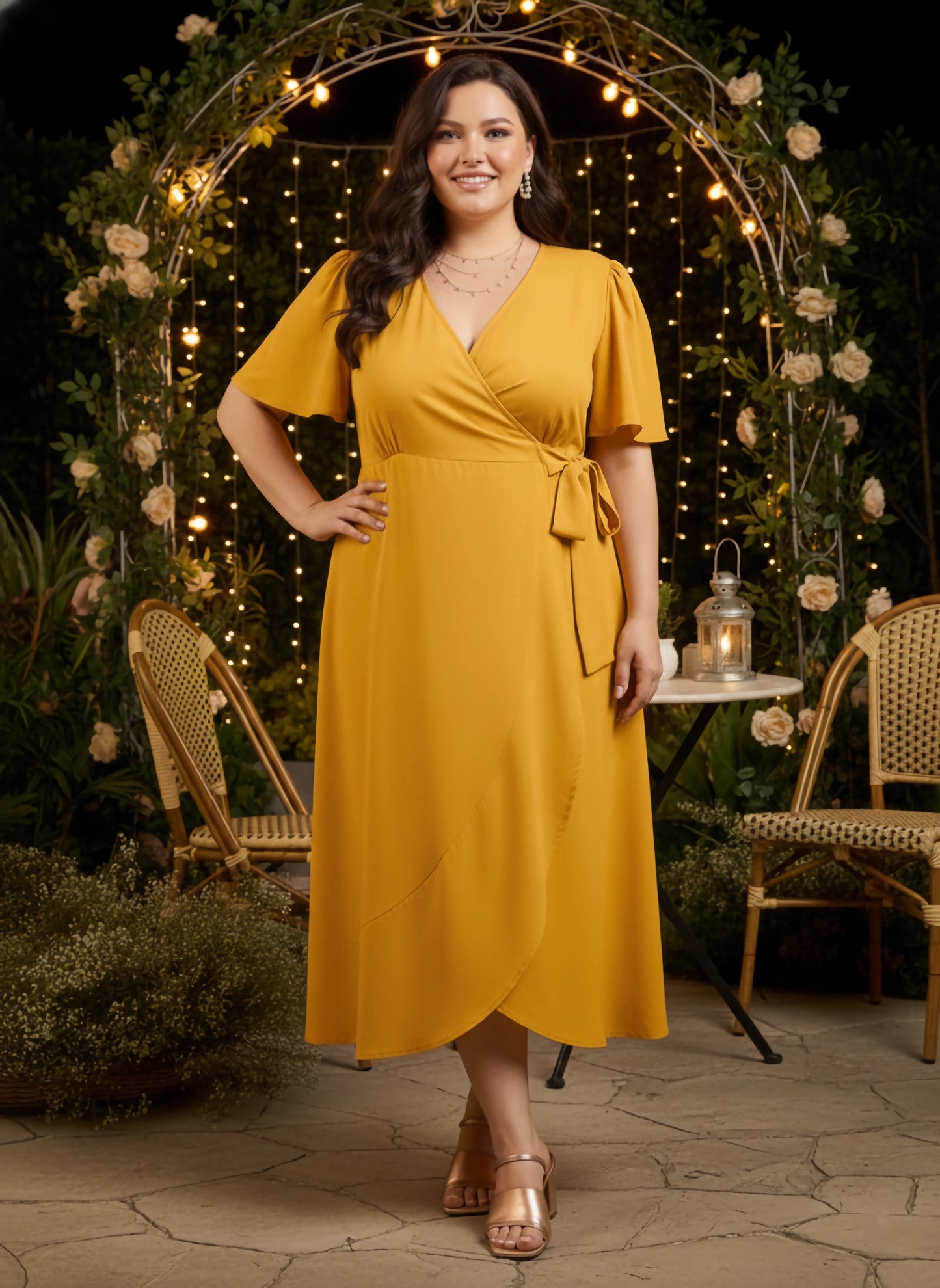 Curve Solid Yellow V-Neck Flared Sleeves Tie-Up Waist Tulip Hem Wrap Maxi Dress