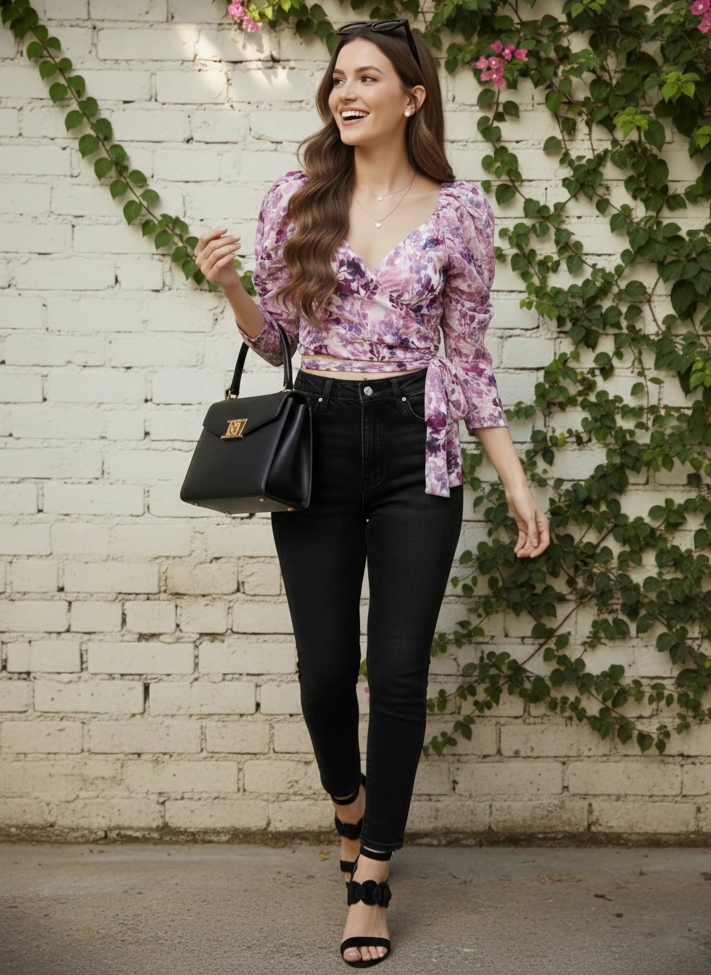 Berrylush Women White & Lavender Floral Printed Sweetheart Neck Waist Tie-Up Wrap Cropped Top