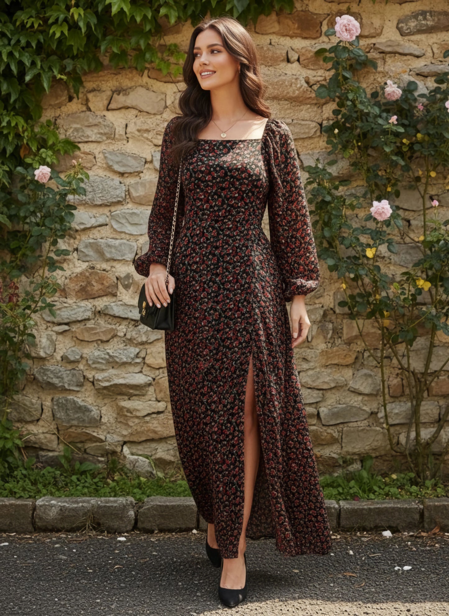 Berrylush Women Black & Red Floral Printed Square Neck Puff Sleeves Crepe Flared Maxi Dress