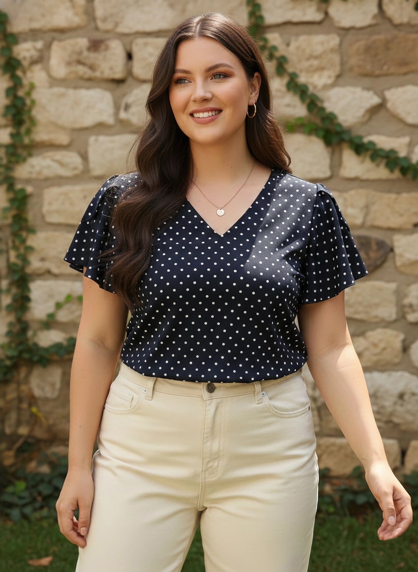 Berrylush Women Plus Size Navy Blue & White Polka Dot Printed V-Neck Flutter Sleeve Crepe Regular Top