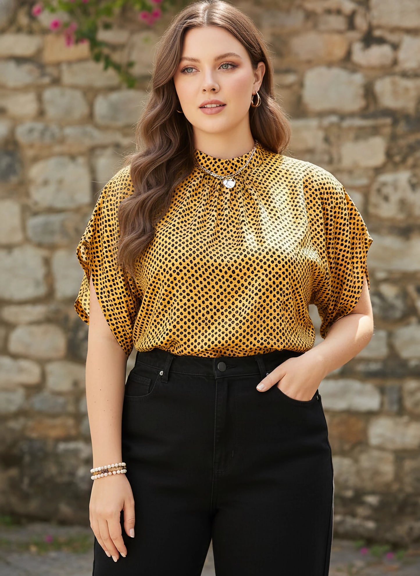 Berrylush Curve Women Yellow & Black Animal Printed High Neck Extended Sleeves Pleated Regular Top