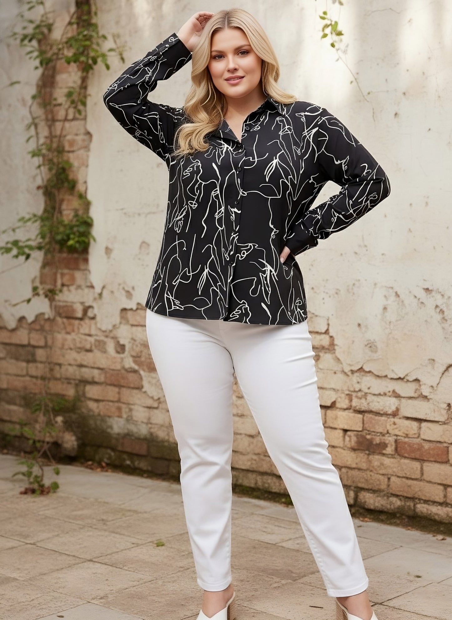 Berrylush Women Plus Size Black & White Abstract Printed Spread Collar Neck Button-Up Curved Hem Regular Shirt