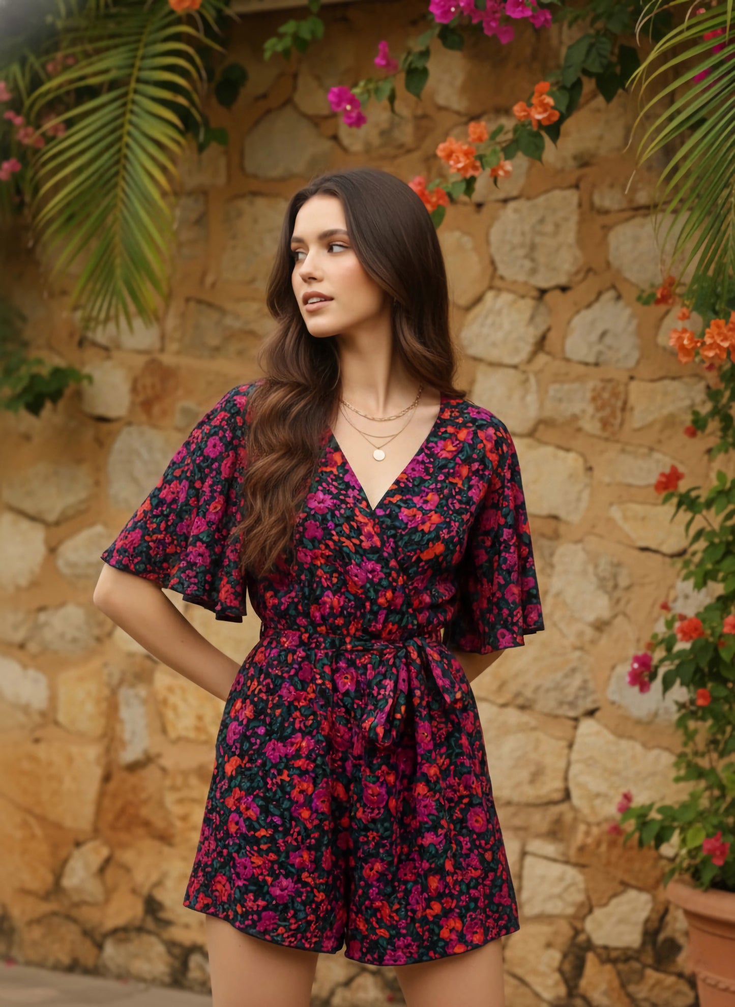 Berrylush Women Purple & Green Floral Printed V-Neck Two-Pocket Tie-Up Waist Mini Jumpsuit