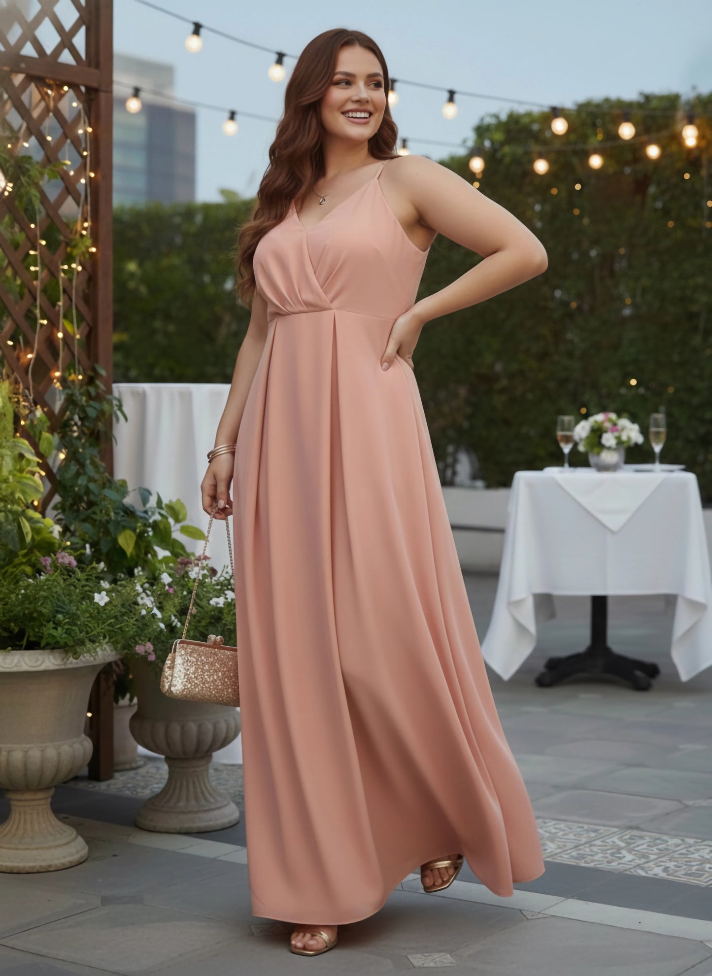 Berrylush Women Plus Size Solid Pink V-Neck Sleeveless Crepe Thigh-High Slit Fit & Flare Wrap Maxi Dress