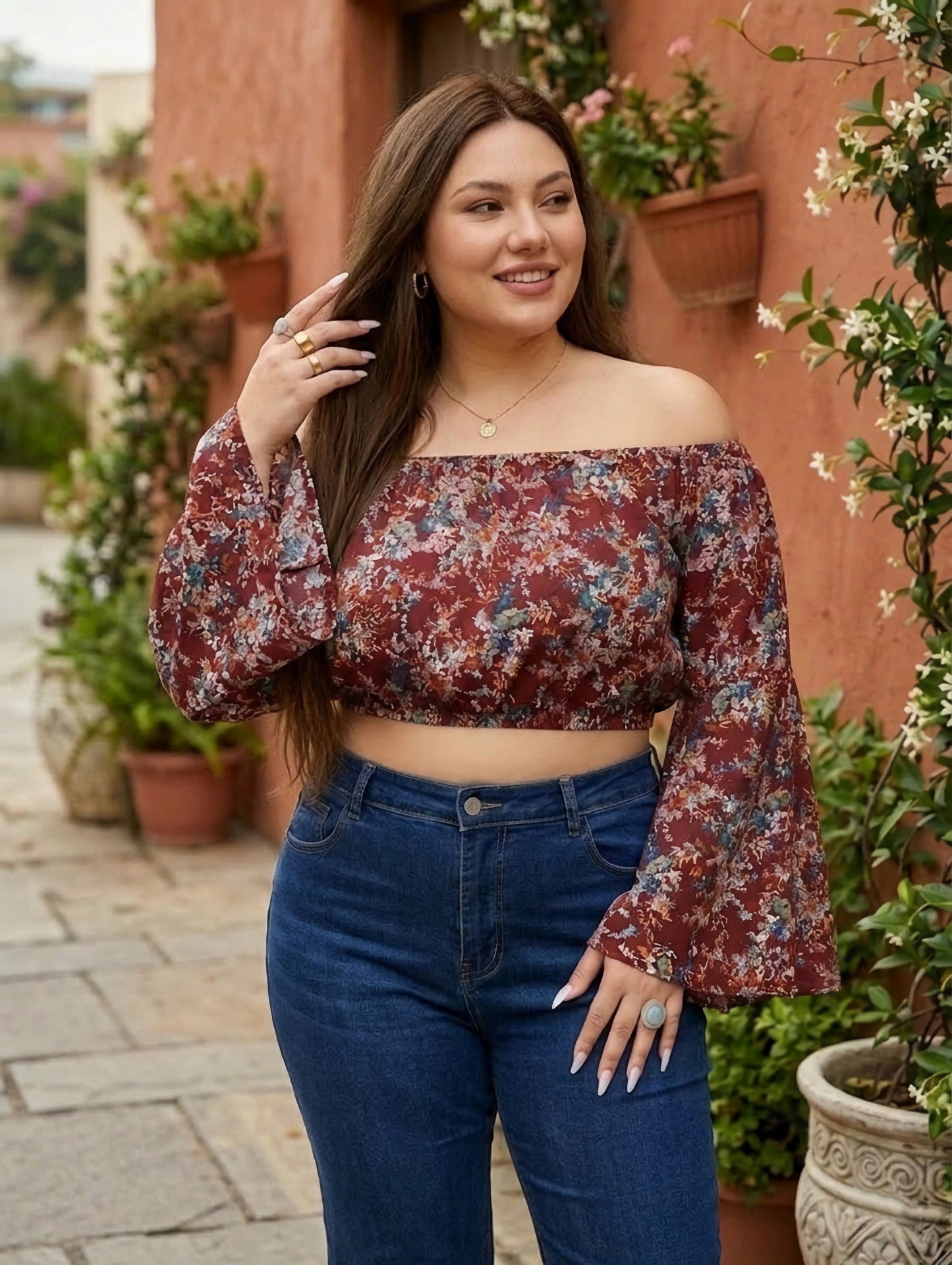 Maroon & White Floral Printed Off-Shoulder Neck Flared Sleeves Cropped Top