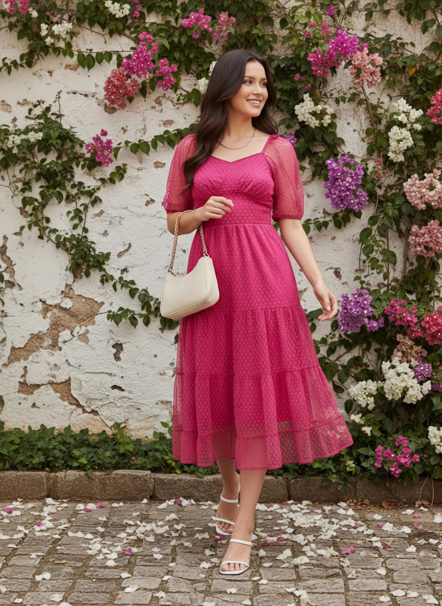 Solid Pink Dobby Weave Sweetheart Neck Backless Tie-Up Flounce Hem Pleated A-Line Midi Dress