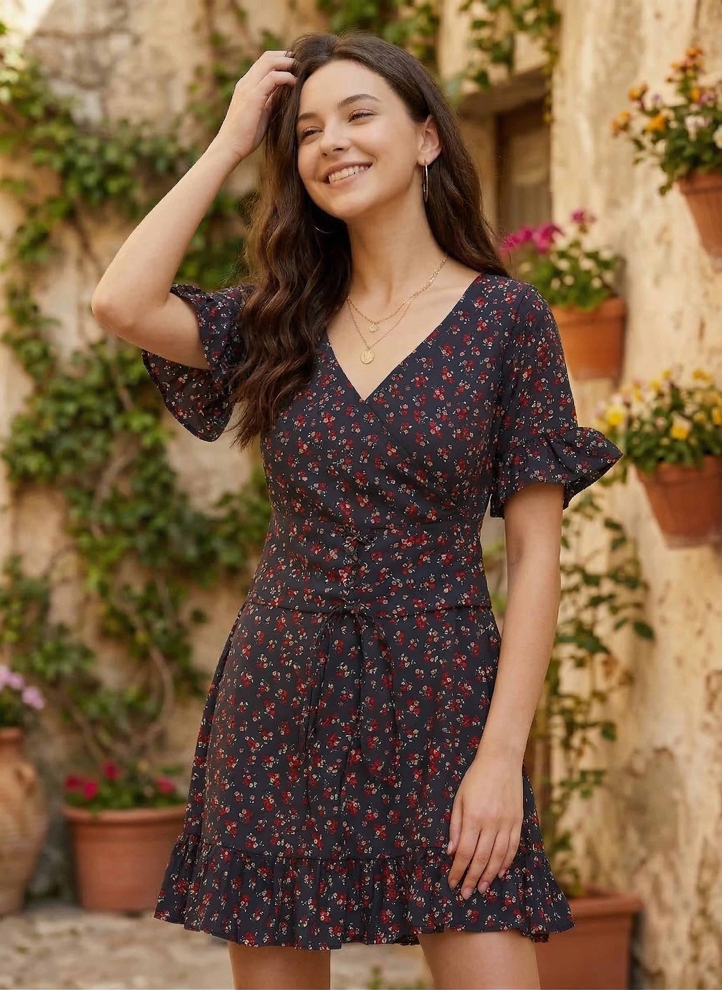 Berrylush Women Navy Blue Floral Printed Fit & Flare Mini Dress