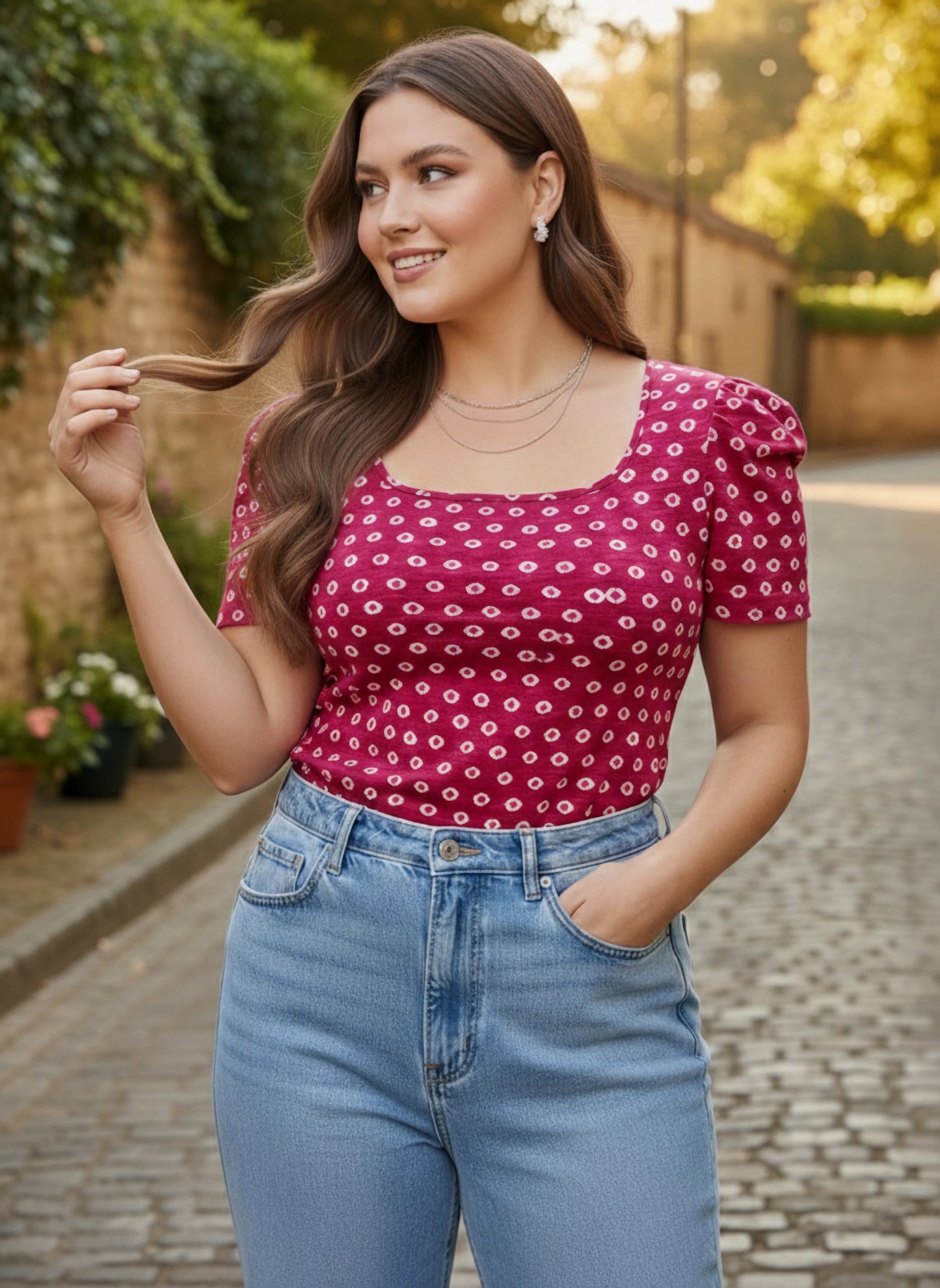 Curve Pink & White Conversational Printed Square Neck Puff Sleeves Cotton Slip-On Knitted Regular Top