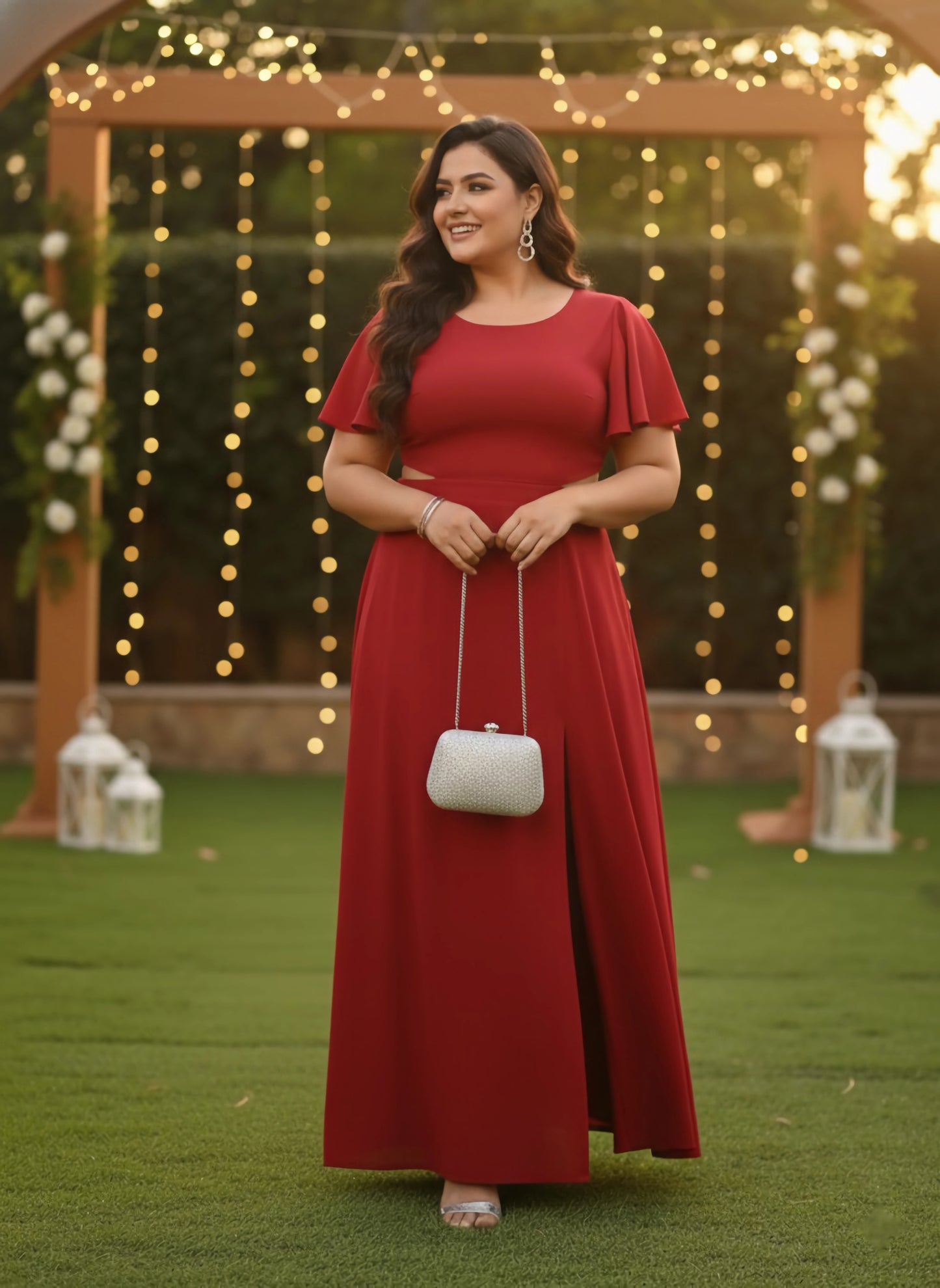 Plus Size Solid Red Round Neck Cutout Crepe Thigh-High Slit Fit & Flare Maxi Dress
