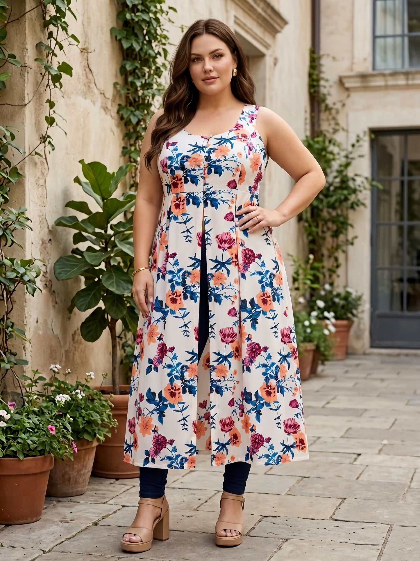 Curve White, Blue, & Orange Floral Printed Round Neck Sleeveless Front-Slit Flared A-Line Calf-Length Kurta