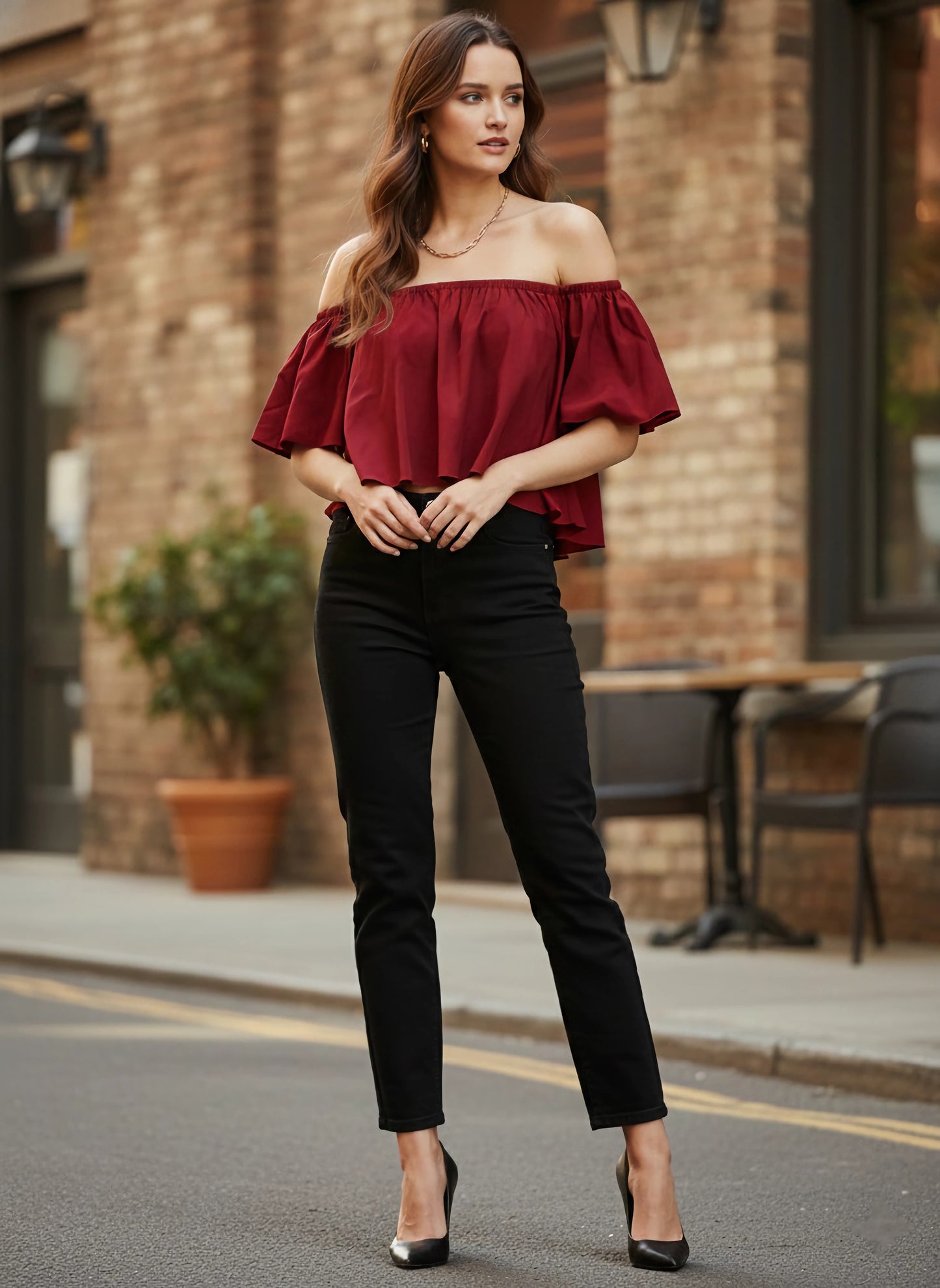 Berrylush Women Solid Maroon Off-Shoulder Neck Ruffled Crop Bardot Top