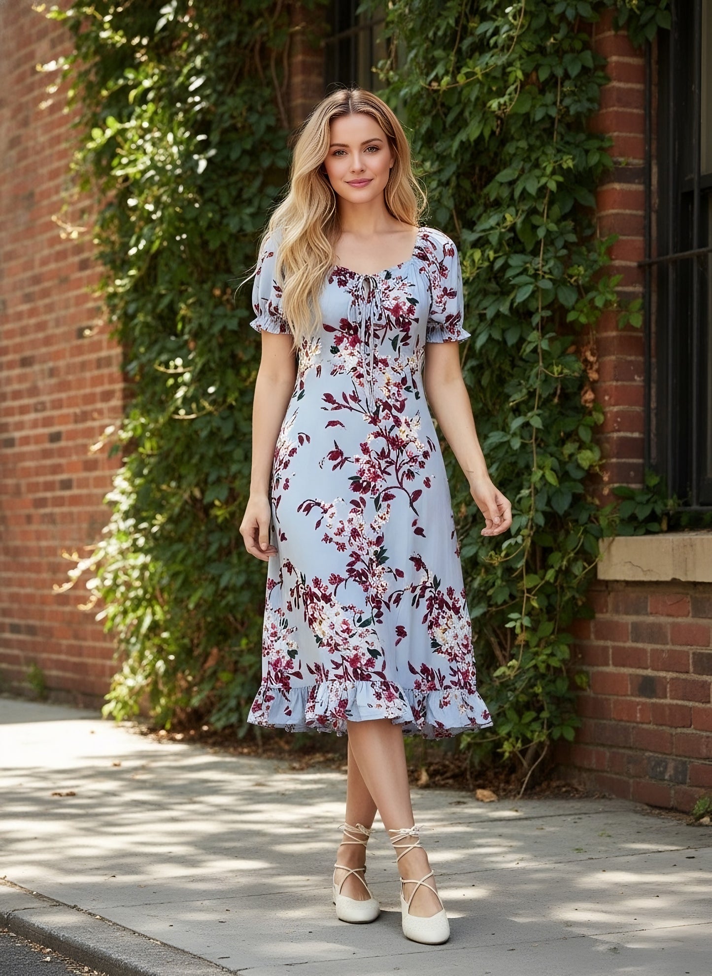 Berrylush Women Blue Ditsy Floral Printed Sweetheart Neck Front Tie-Up Ruffled A-Line Midi Dress