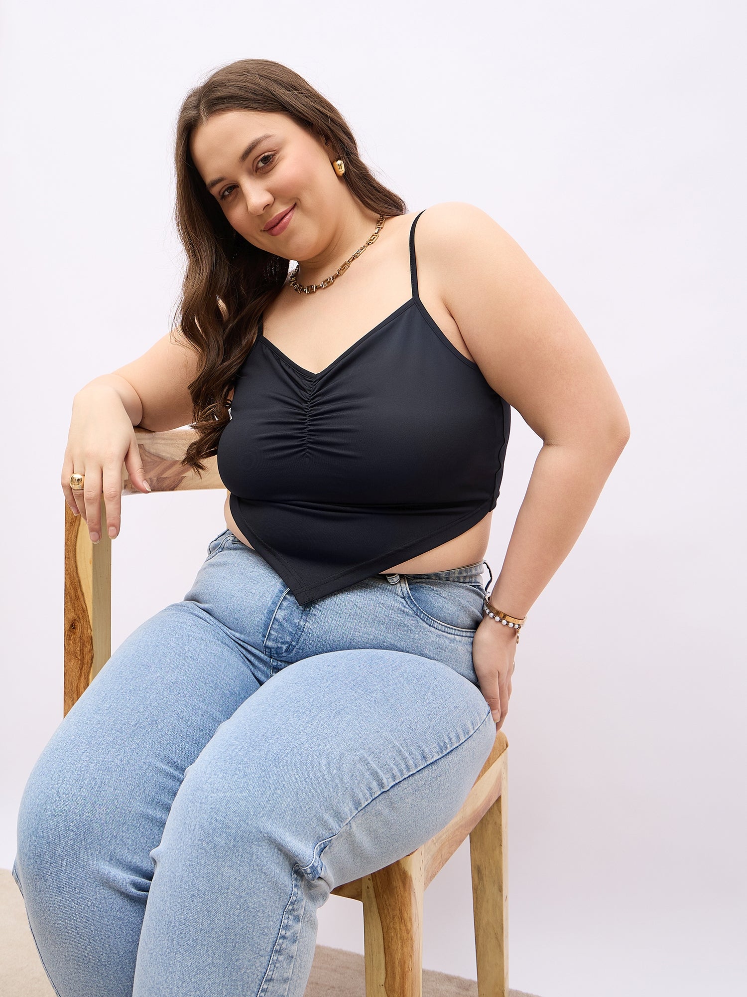 Curve Black Solid Shoulder Straps Asymmetrical Cami Crop Top