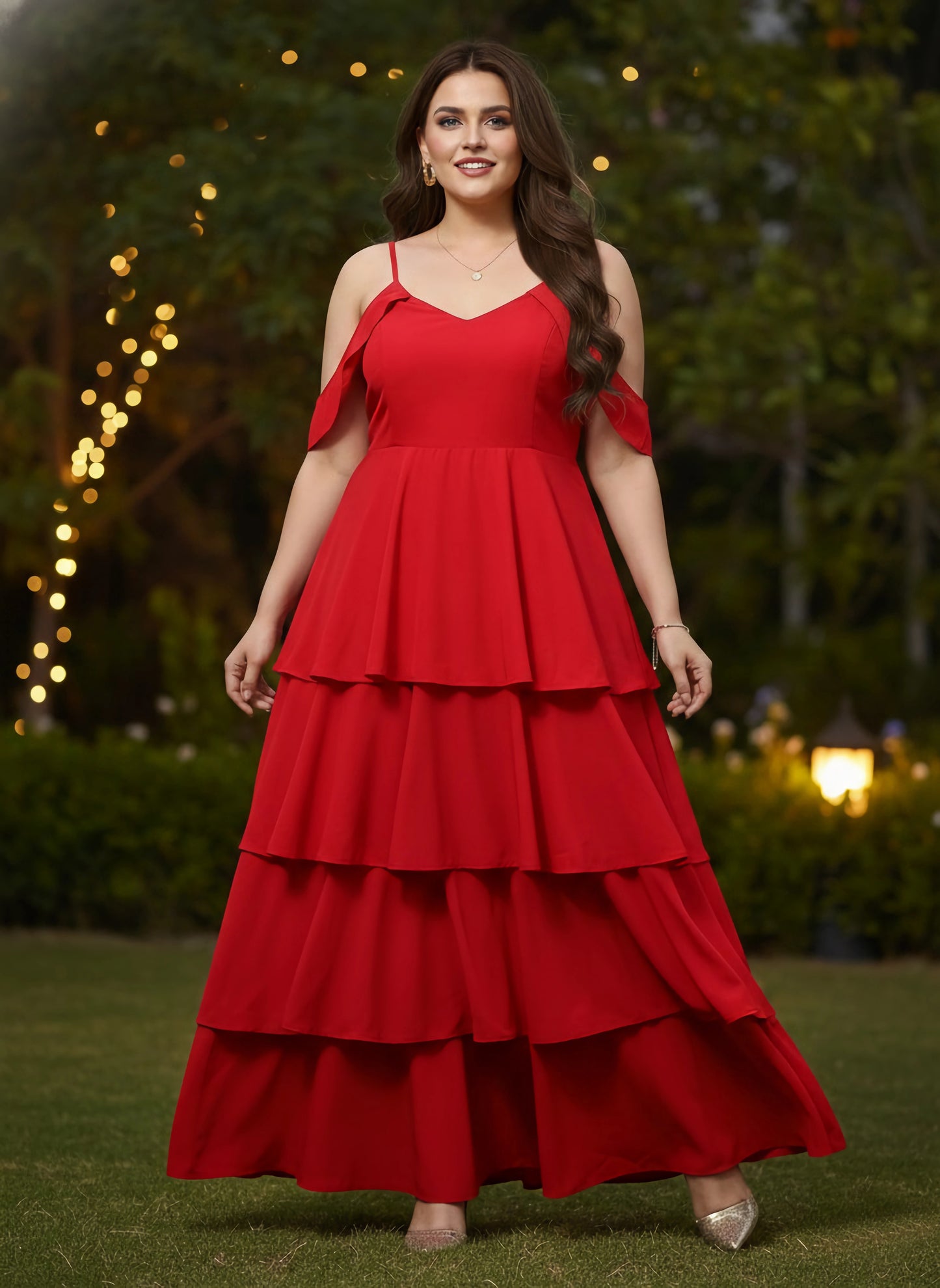 Plus Size Solid Red V-Neck Cold-Shoulder Sleeves Flounce Hem Layered A-Line Maxi Dress