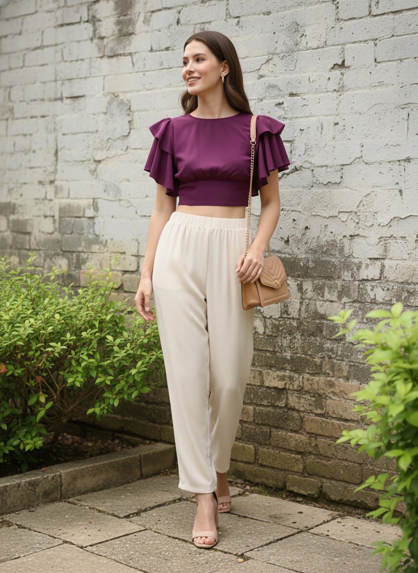 Berrylush Women Solid Purple Flutter Sleeves Blouson Crop Top