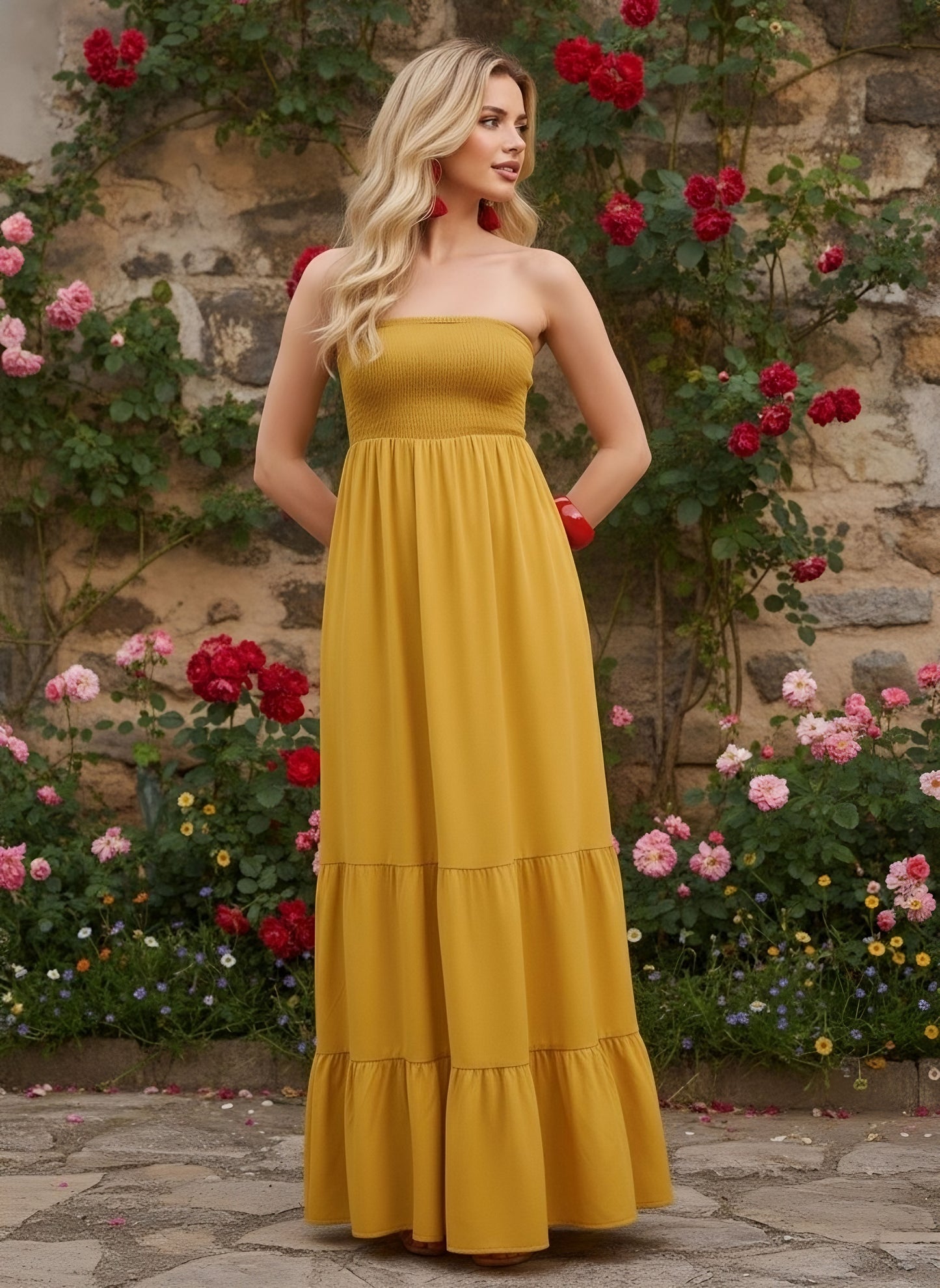 Berrylush Women Yellow Solid Strapless Smocked A-Line Maxi Dress
