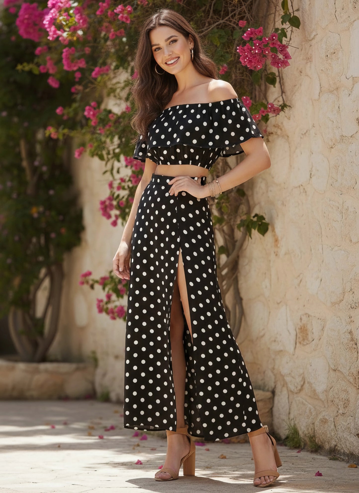 Berrylush Women Black & White Polka Dot Printed Off-Shoulder Co-Ordinate Maxi Dress
