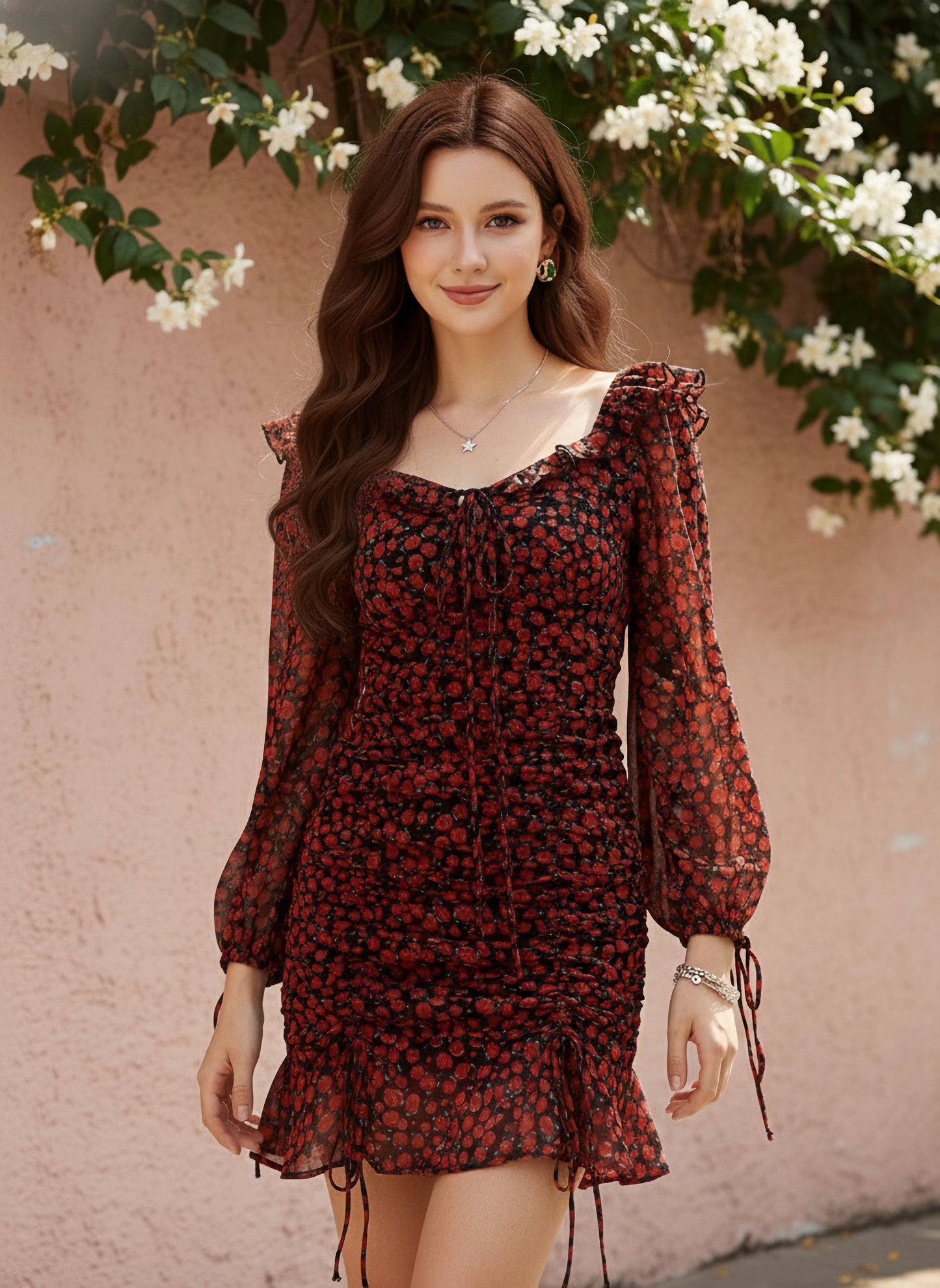 Berrylush Women Black & Red Floral Printed Sweetheart Neck Georgette Tie-Up Flounce Hem Ruffled Bodycon Mini Dress