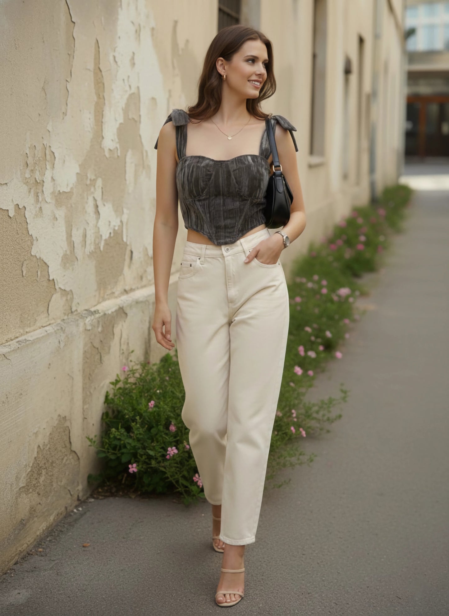 Solid Grey Sweetheart Neck Hook-&-Eye Tie-Up Straps Velvet Cropped Top