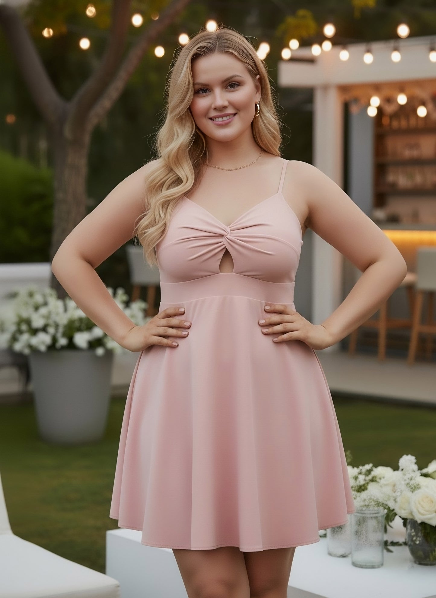 Berrylush Women Solid Light Pink V-Neck Front Cutout Twisted Knot Fit & Flare Mini Dress