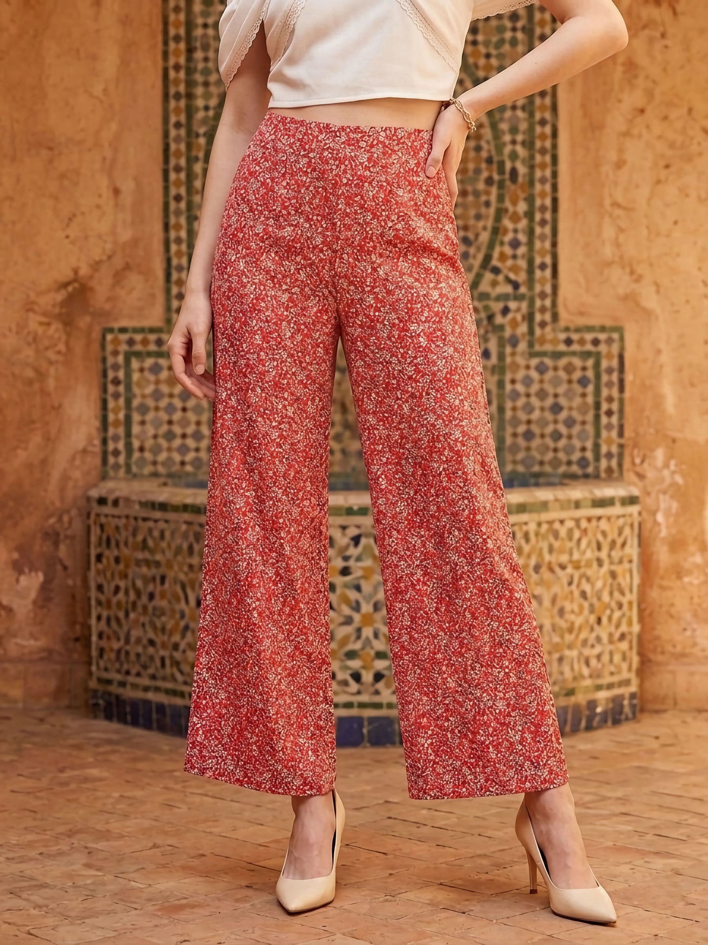 Berrylush Women Red & White Floral Printed Loose Fit High-Rise Waist Relaxed Trousers