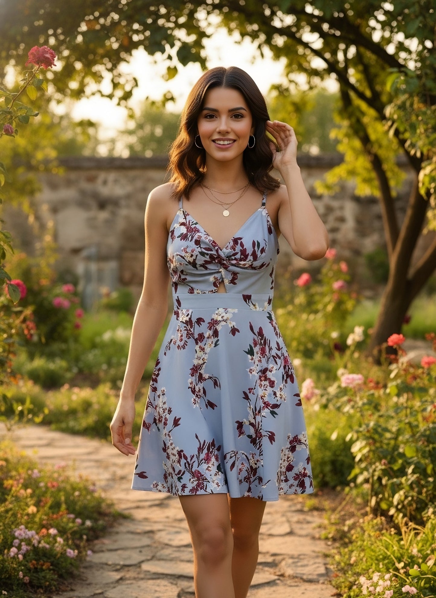 Berrylush Women Blue Floral Printed Twist Knot Fit & Flare Mini Dress