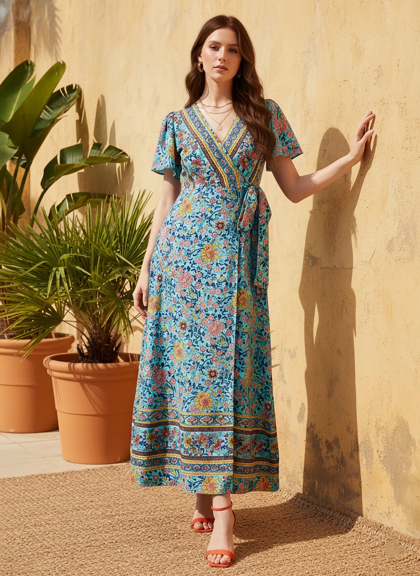 Berrylush Women Blue & Multicolour Floral Printed V-Neck Waist Tie-Up Thigh-High Slit Flared Wrap Maxi Dress